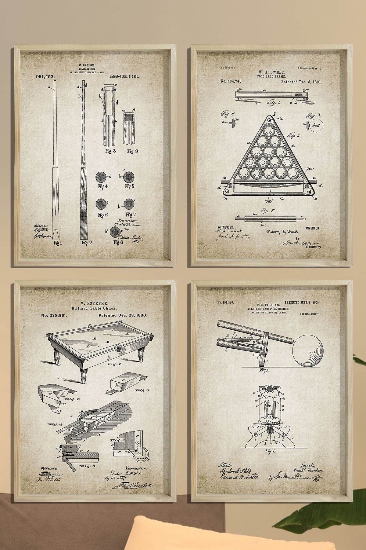 Doğal Çam Çerçeveli Duvar Tablosu Antik Bilardo Patent Seti