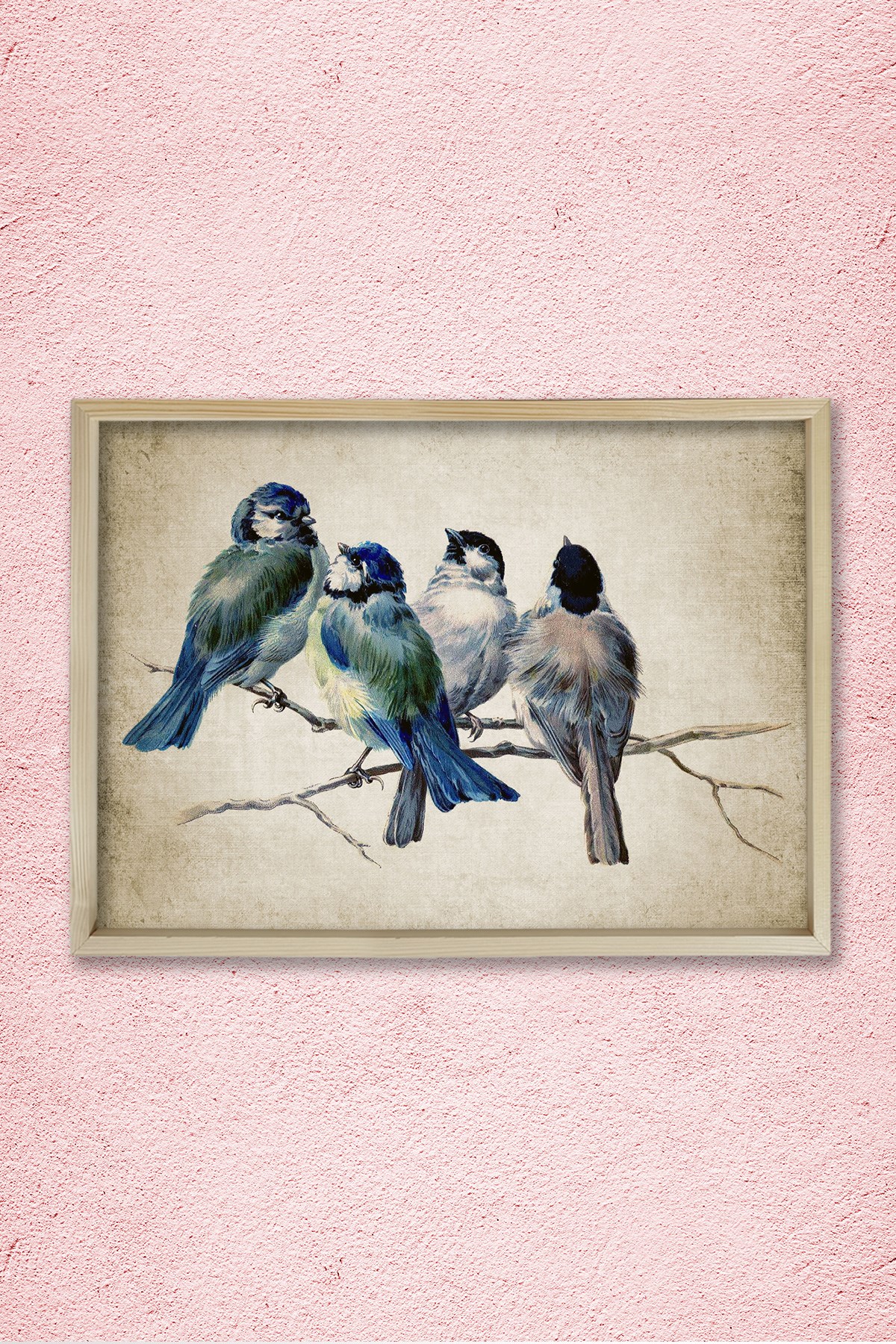 Doğal Çam Çerçeveli Duvar Tablosu Antik Mavi Kuşlar