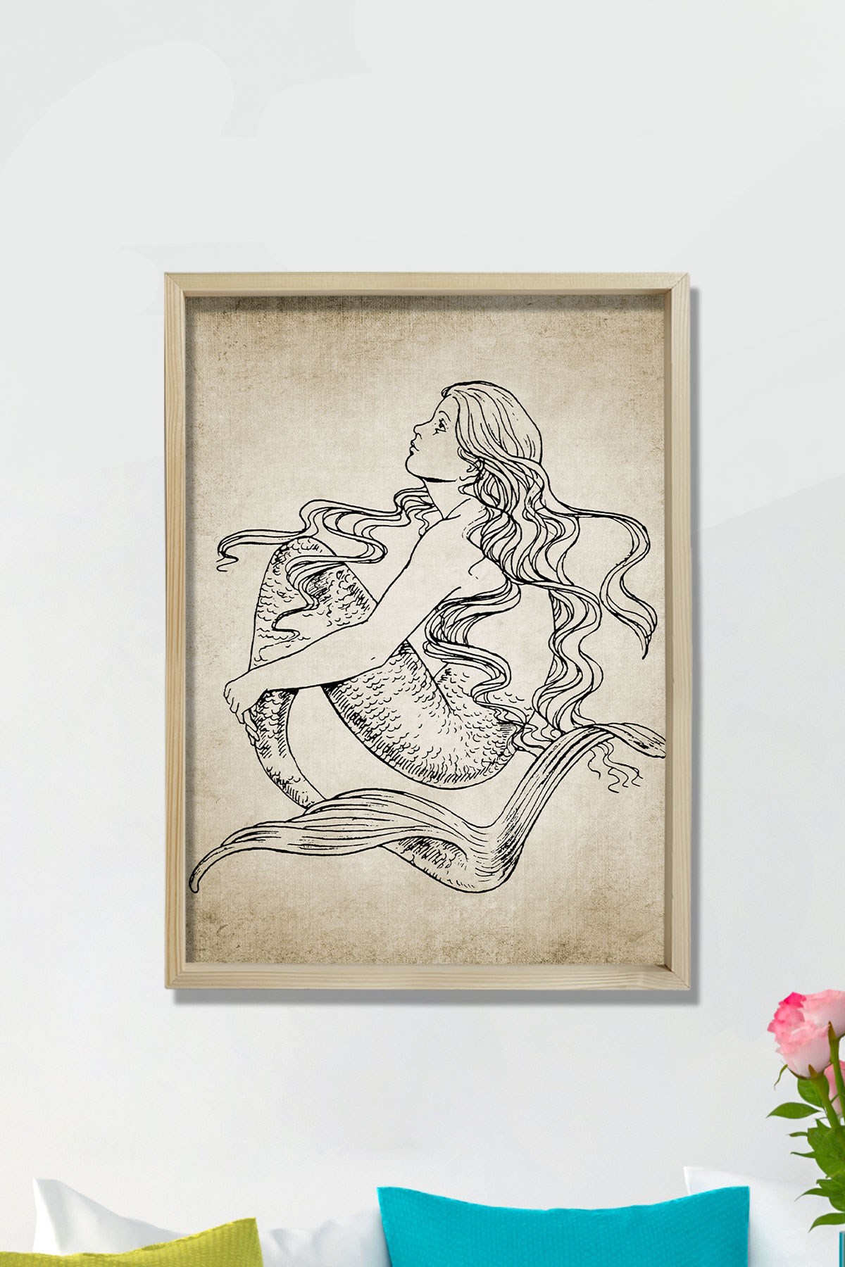 Doğal Çam Çerçeveli Duvar Tablosu Antik Denizkızı