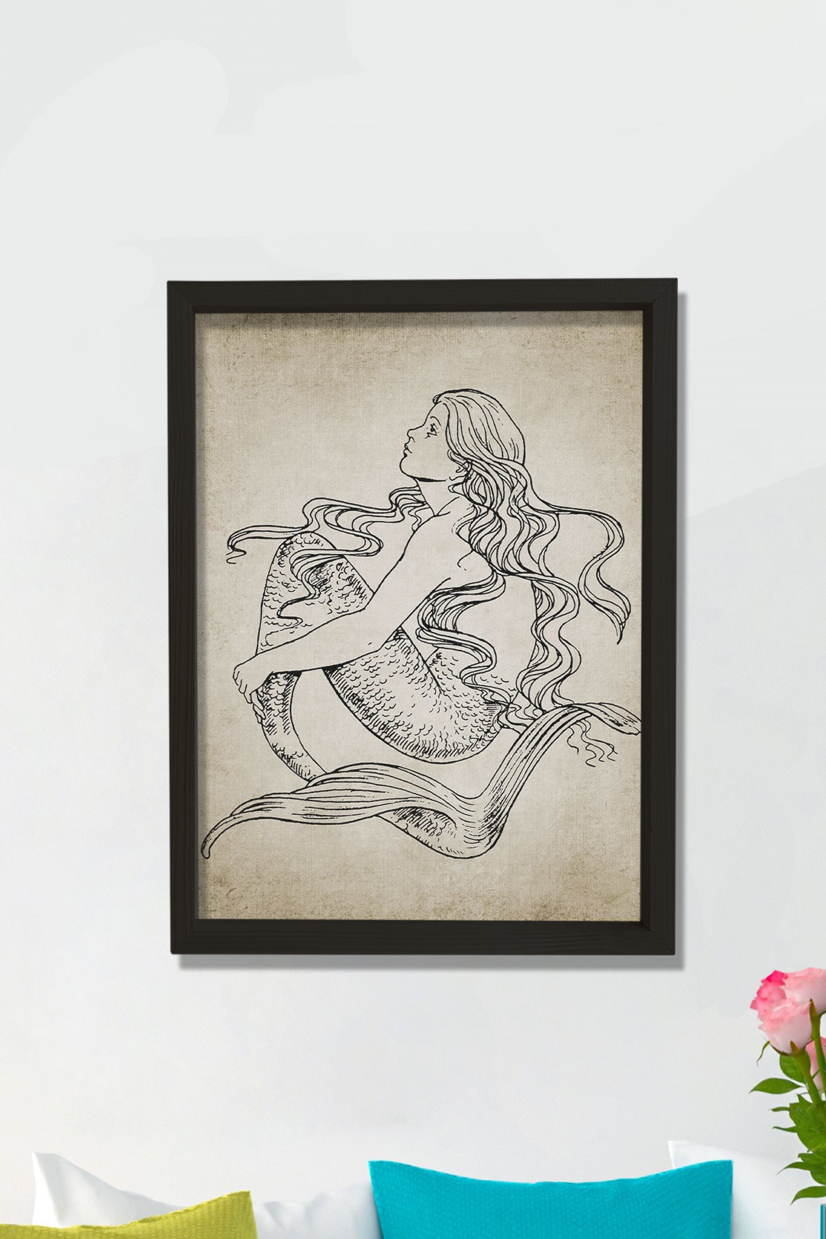 Doğal Çam Çerçeveli Duvar Tablosu Antik Denizkızı