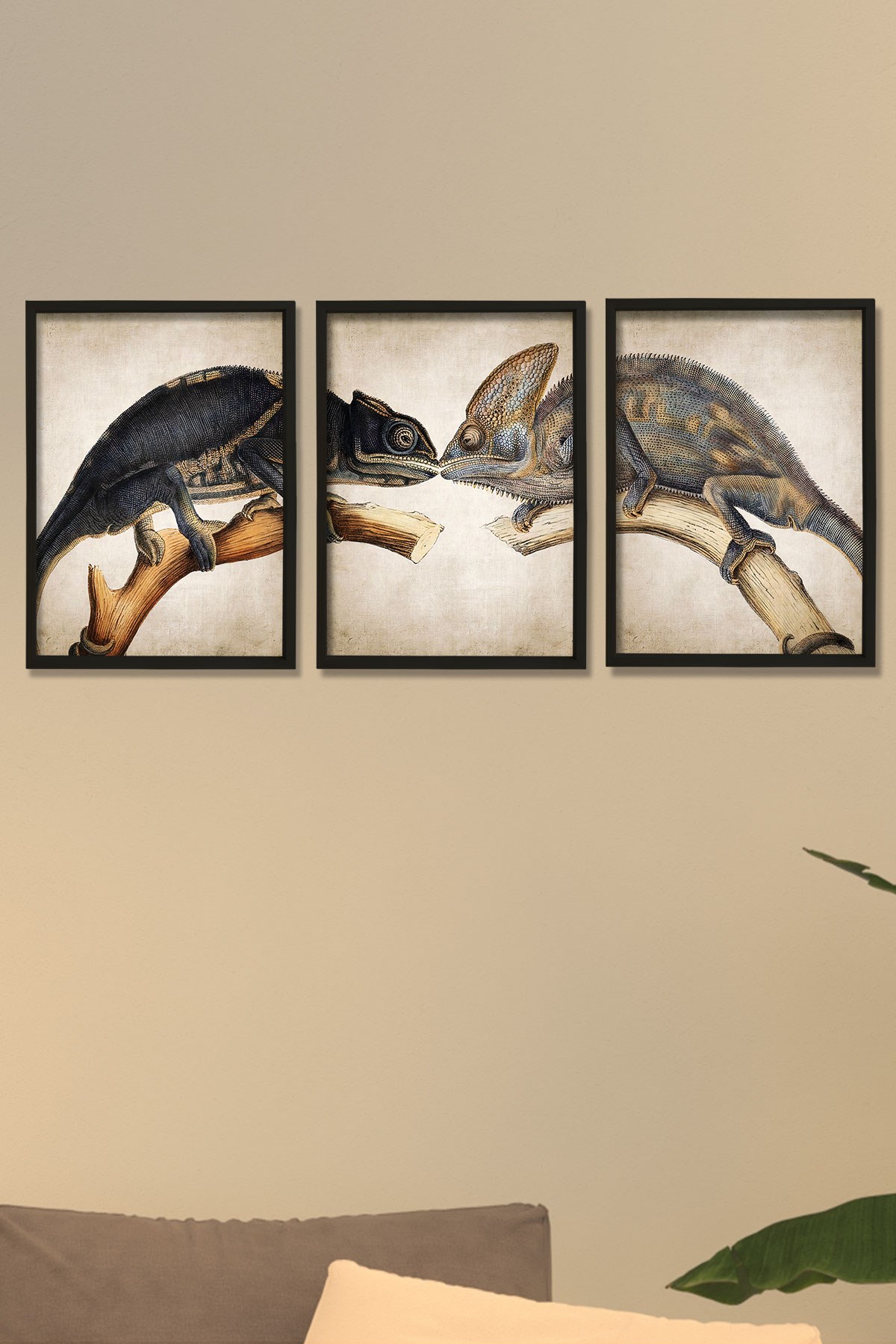 Doğal Çam Çerçeveli Duvar Tablosu Antik Bukalemun Öpüşme