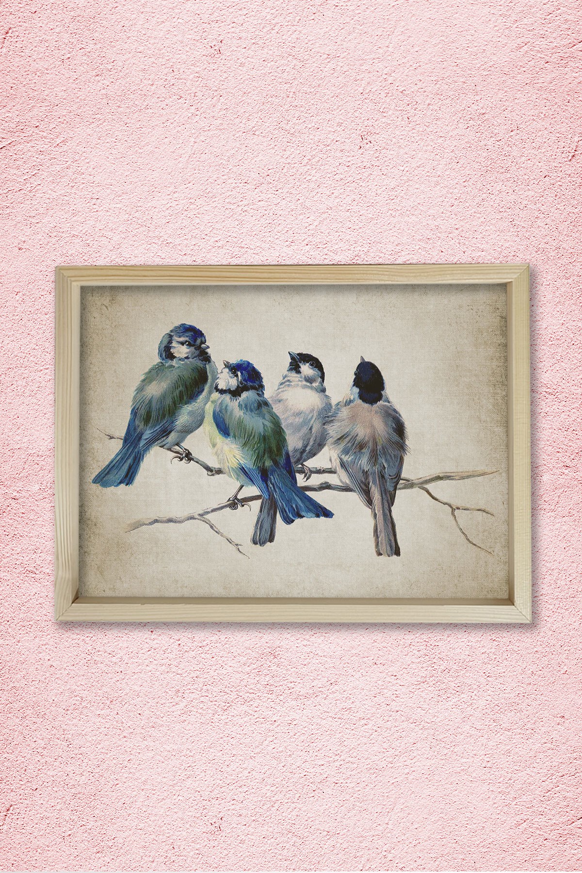 Doğal Çam Çerçeveli Duvar Tablosu Antik Mavi Kuşlar