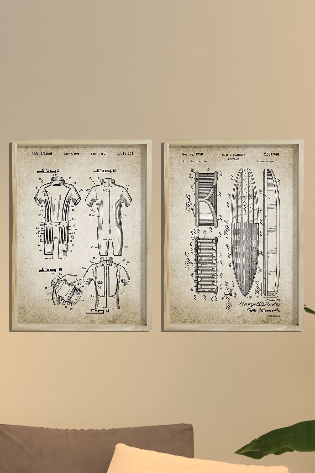 Doğal Çam Çerçeveli Duvar Tablosu Antik Surf Tahtası Tasarım Seti 1950