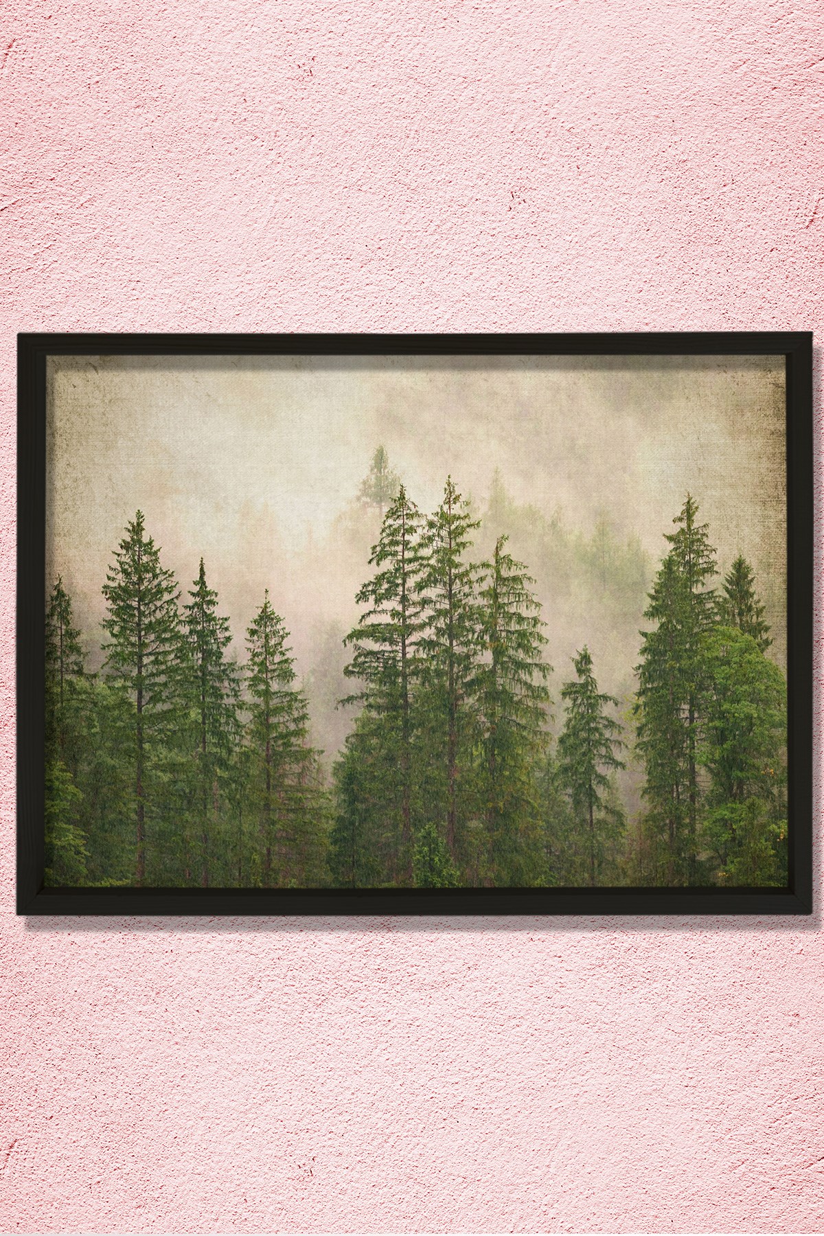 Doğal Çam Çerçeveli Duvar Tablosu Antik Sisli Orman