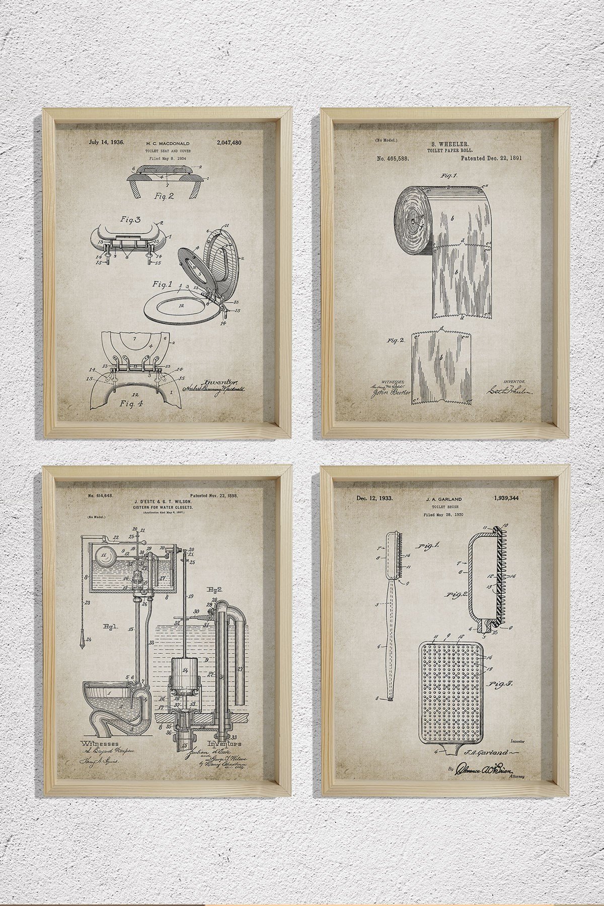 Doğal Çam Çerçeveli Duvar Tablosu Antik Tuvalet Ekipmanları Patenti 1891