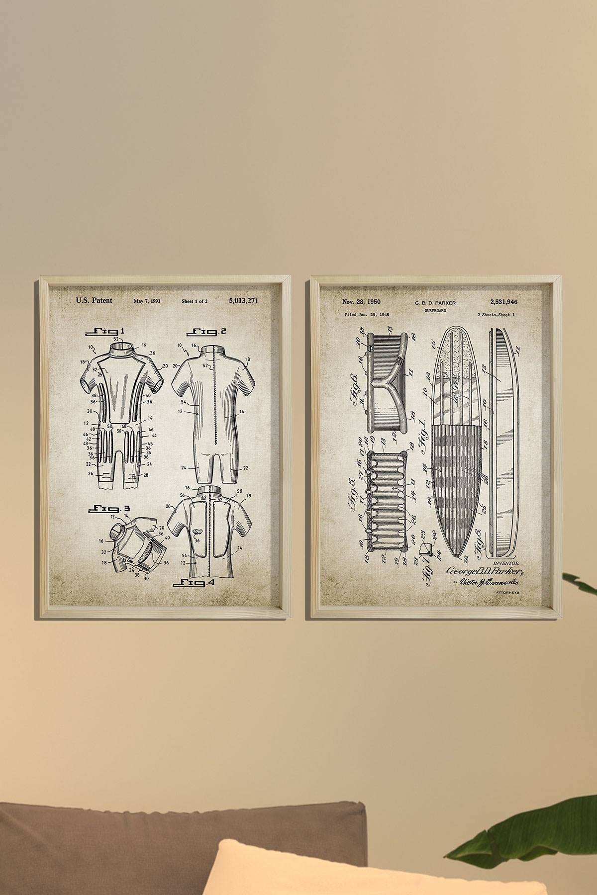 Doğal Çam Çerçeveli Duvar Tablosu Antik Surf Tahtası Tasarım Seti 1950