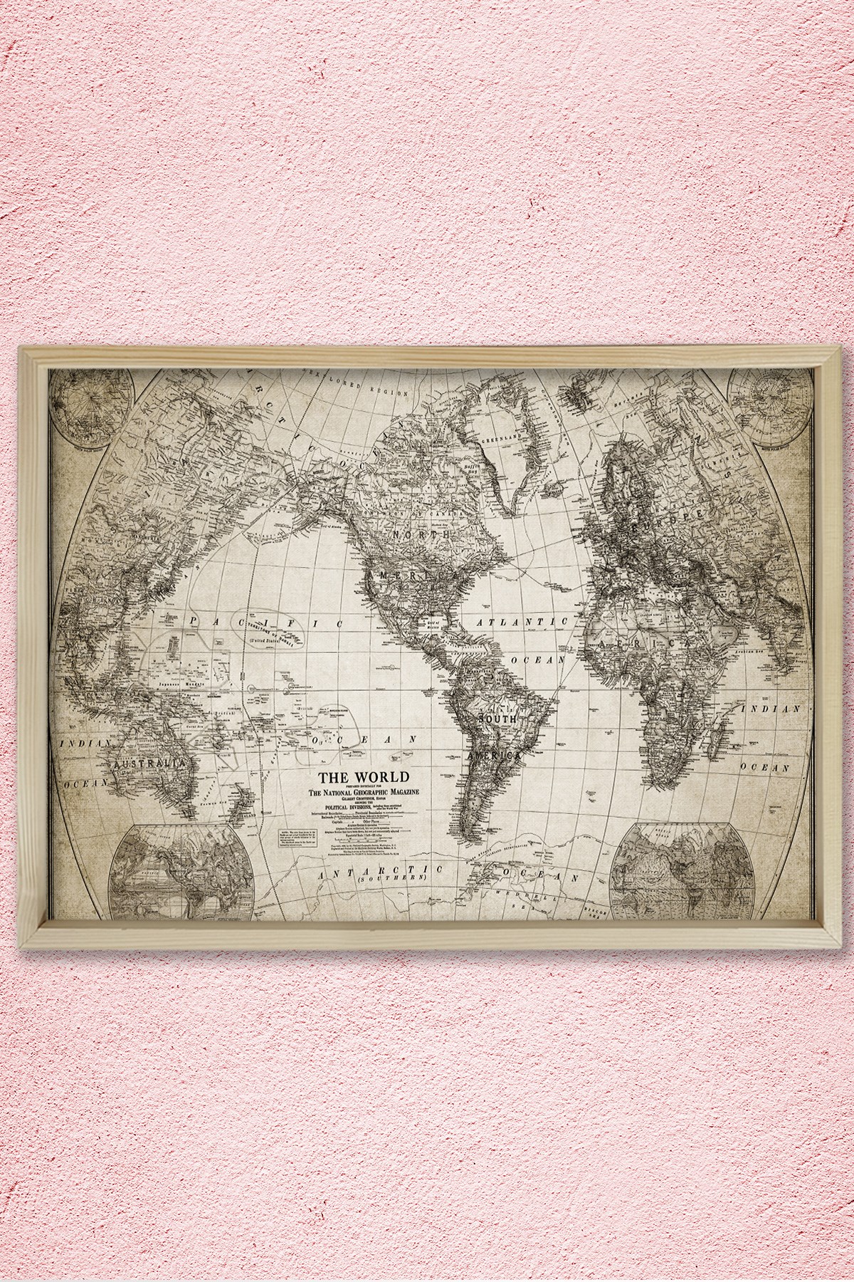 Doğal Çam Çerçeveli Duvar Tablosu Antik Dünya Haritası