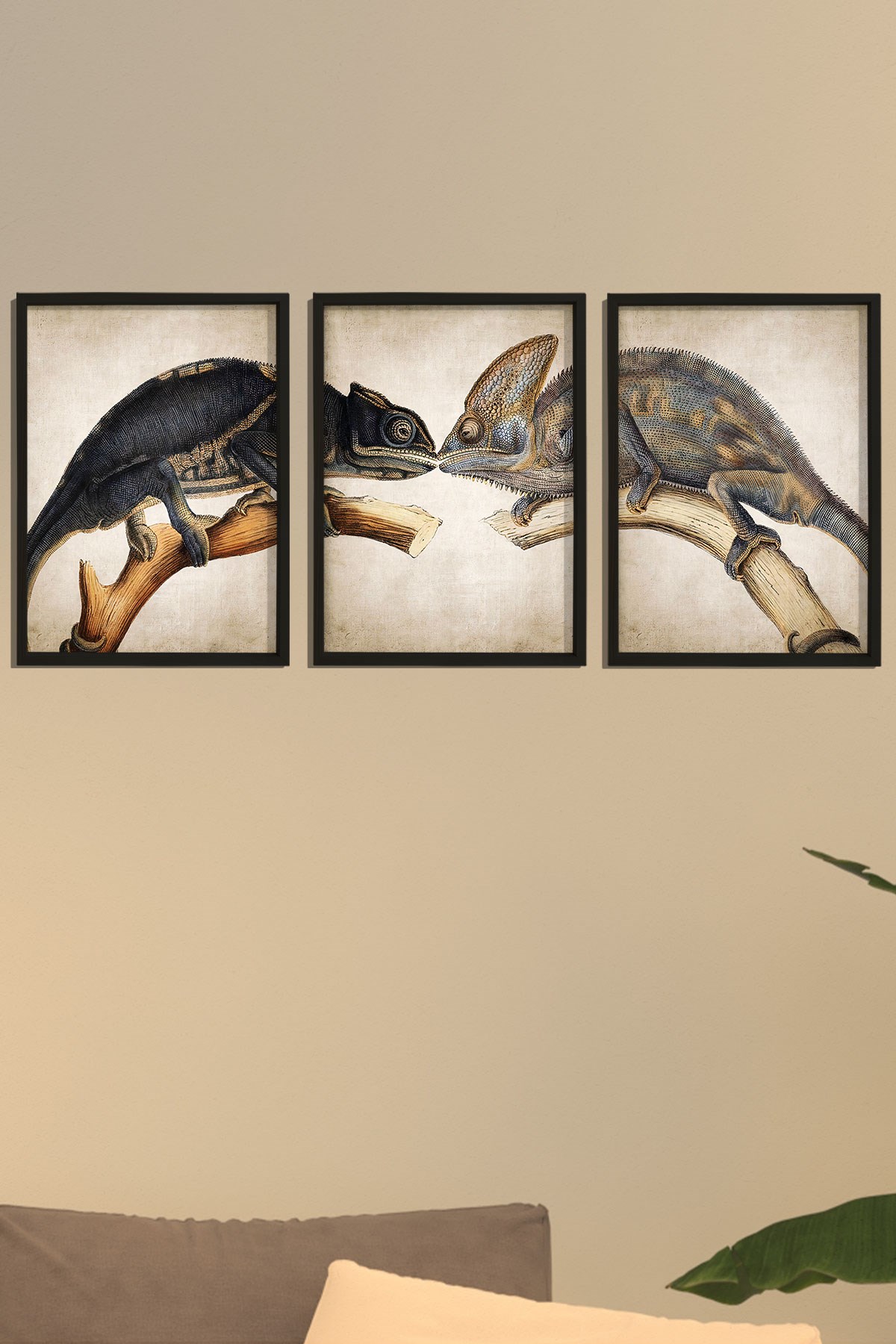 Doğal Çam Çerçeveli Duvar Tablosu Antik Bukalemun Öpüşme