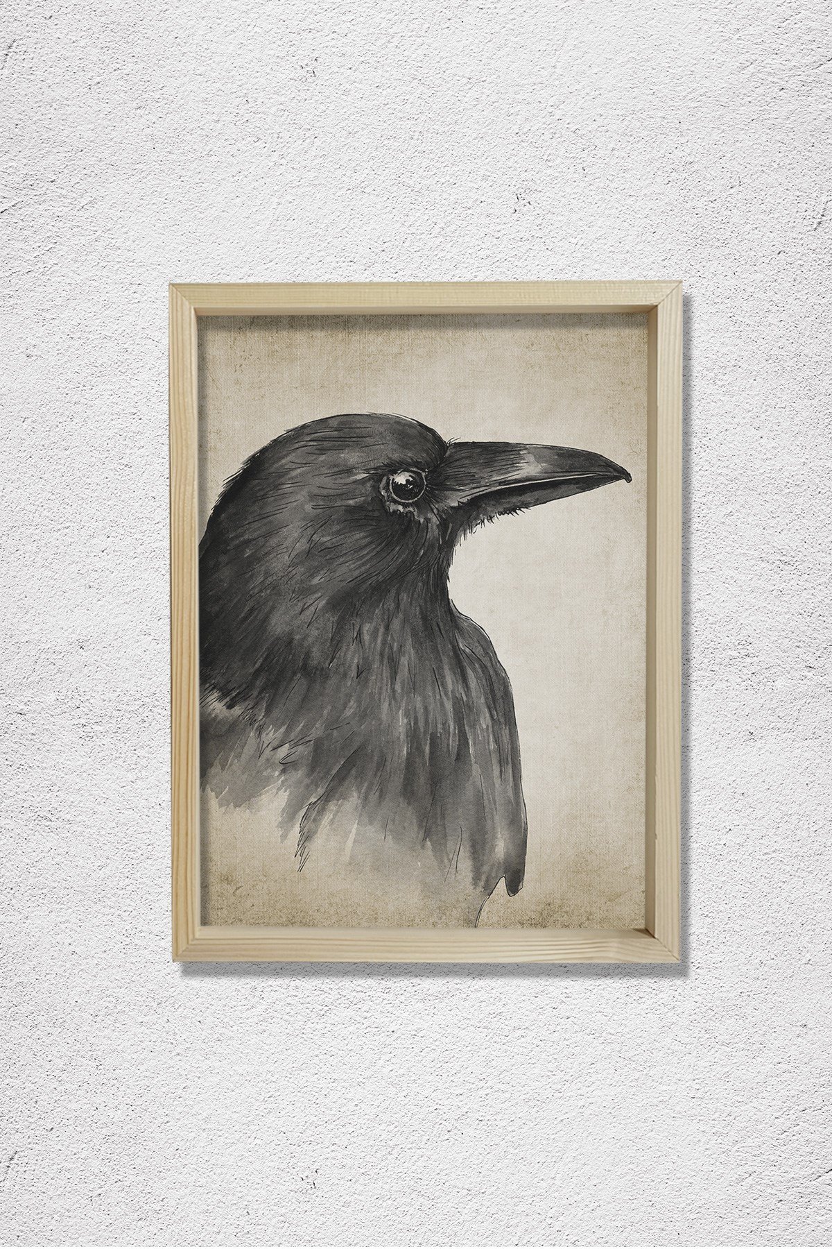 Doğal Çam Çerçeveli Duvar Tablosu Antik Suluboya Kuzgun