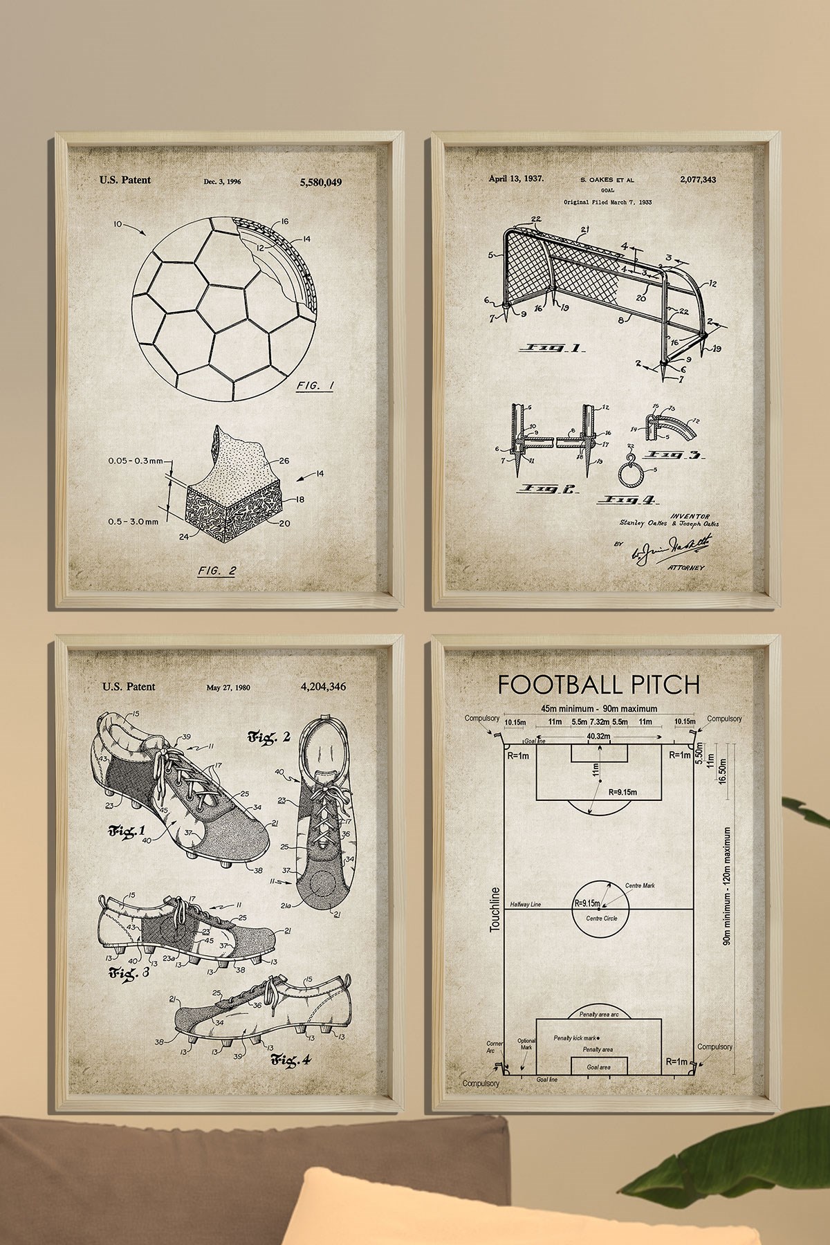 Doğal Çam Çerçeveli Duvar Tablosu Antik Futbool Patent Seti 1937