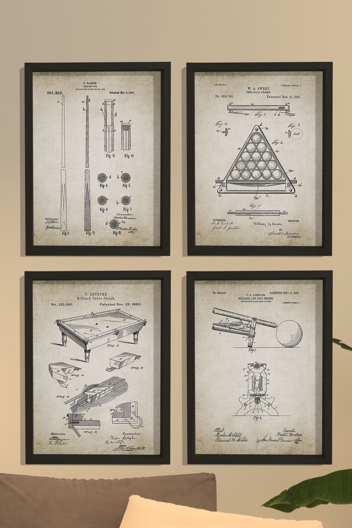 Doğal Çam Çerçeveli Duvar Tablosu Antik Bilardo Patent Seti