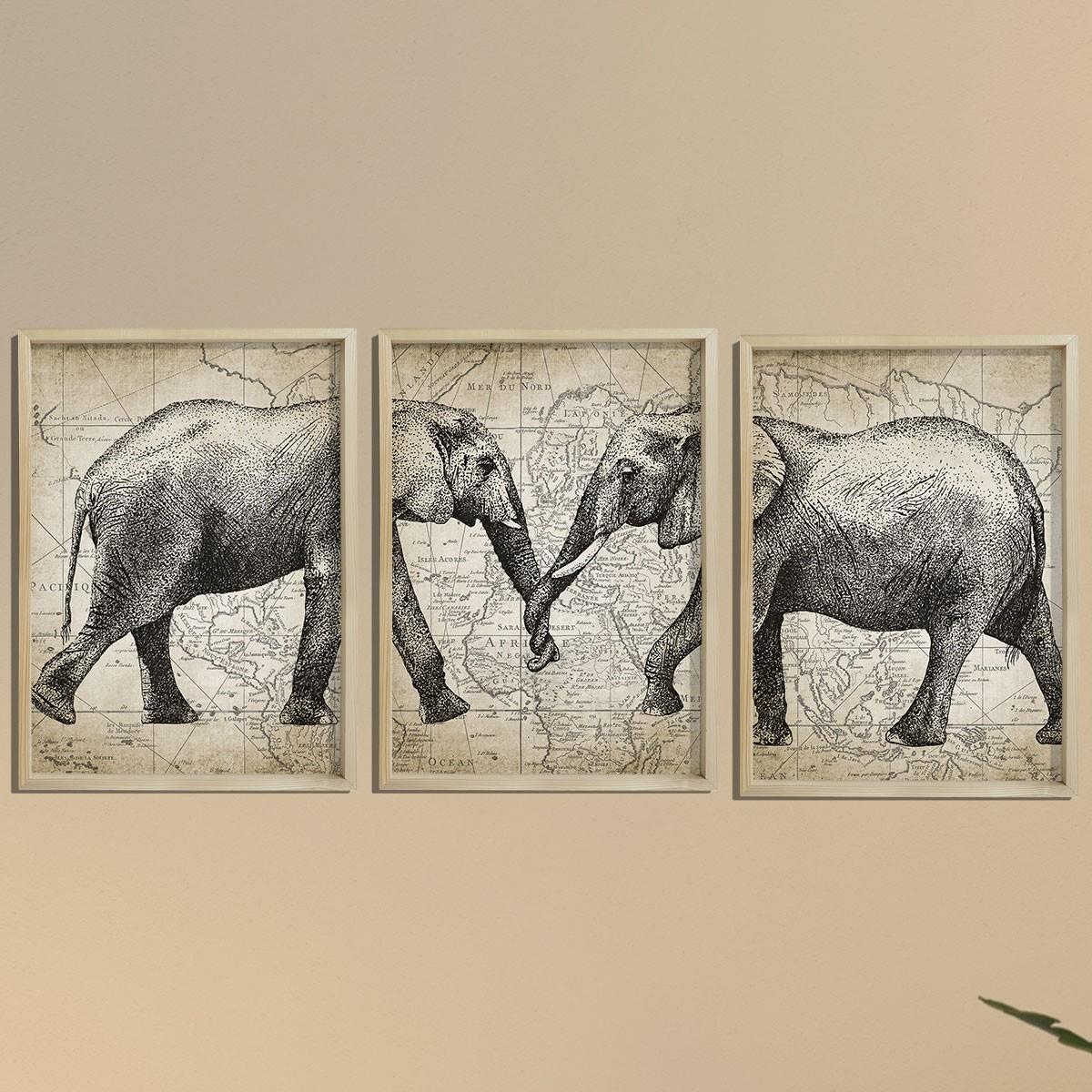 Doğal Çam Çerçeveli Duvar Tablosu Antik Fil ve Harita Sanatı