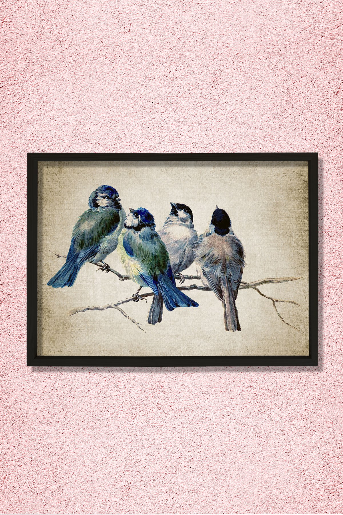 Doğal Çam Çerçeveli Duvar Tablosu Antik Mavi Kuşlar