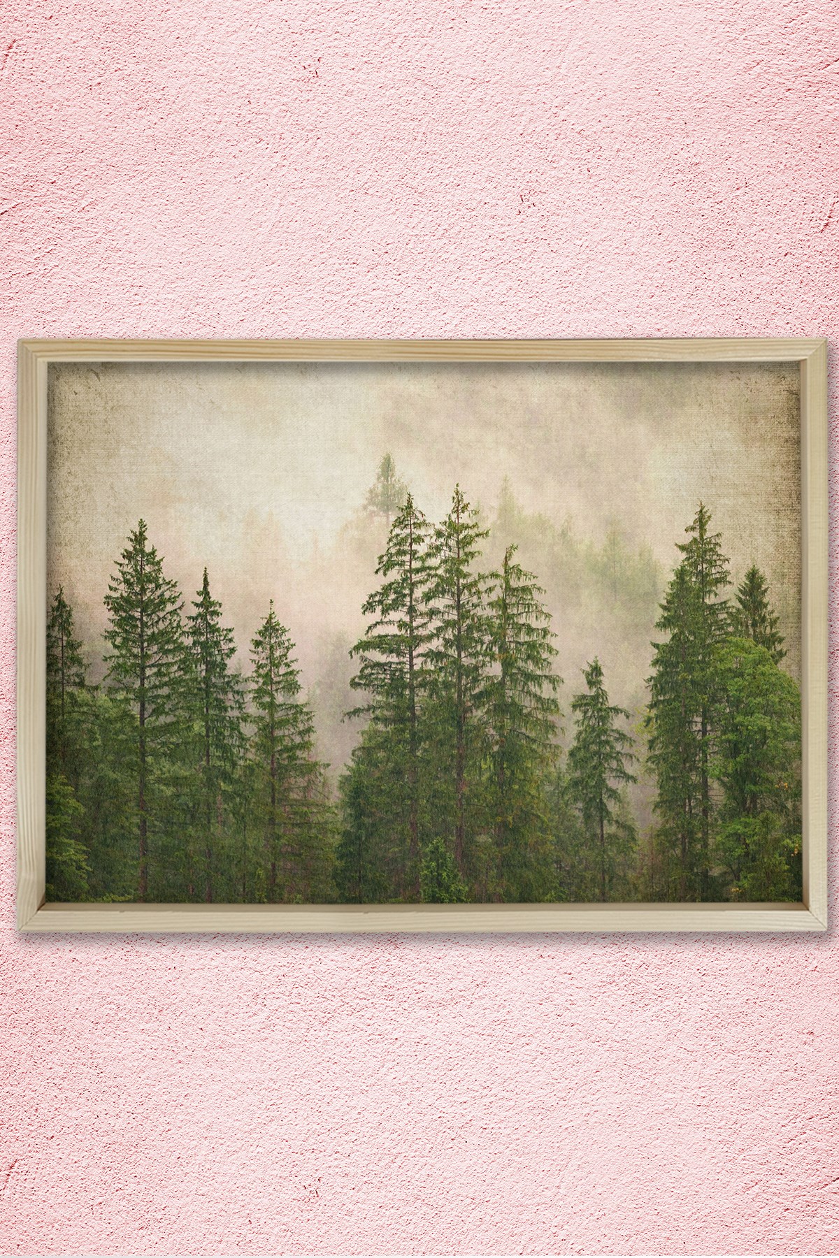 Doğal Çam Çerçeveli Duvar Tablosu Antik Sisli Orman