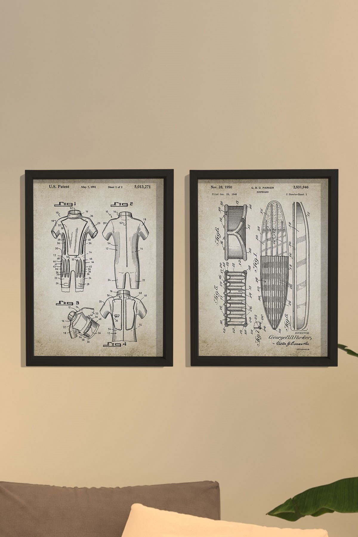 Doğal Çam Çerçeveli Duvar Tablosu Antik Surf Tahtası Tasarım Seti 1950