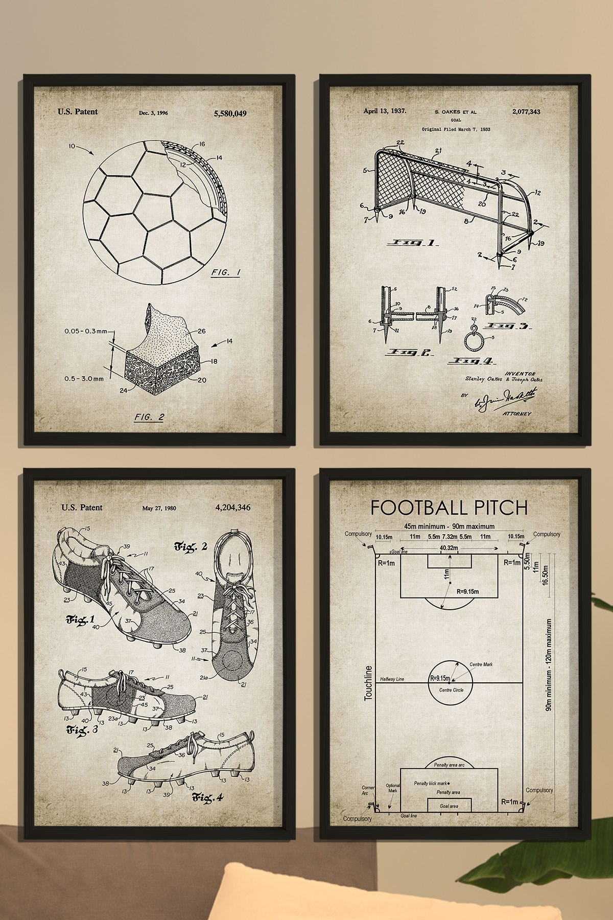Doğal Çam Çerçeveli Duvar Tablosu Antik Futbool Patent Seti 1937