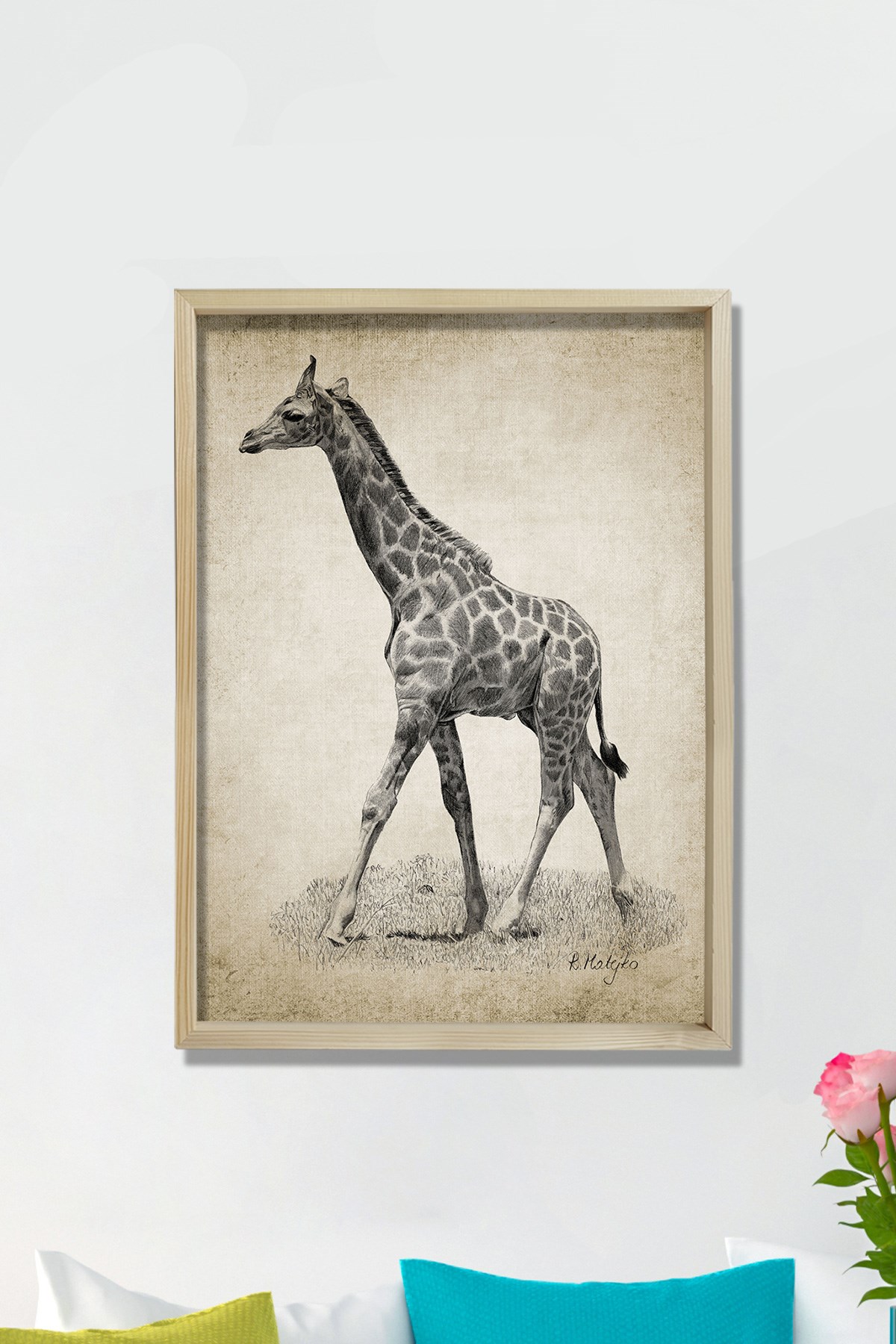 Doğal Çam Çerçeveli Duvar Tablosu Antik Karakalem Zürafa