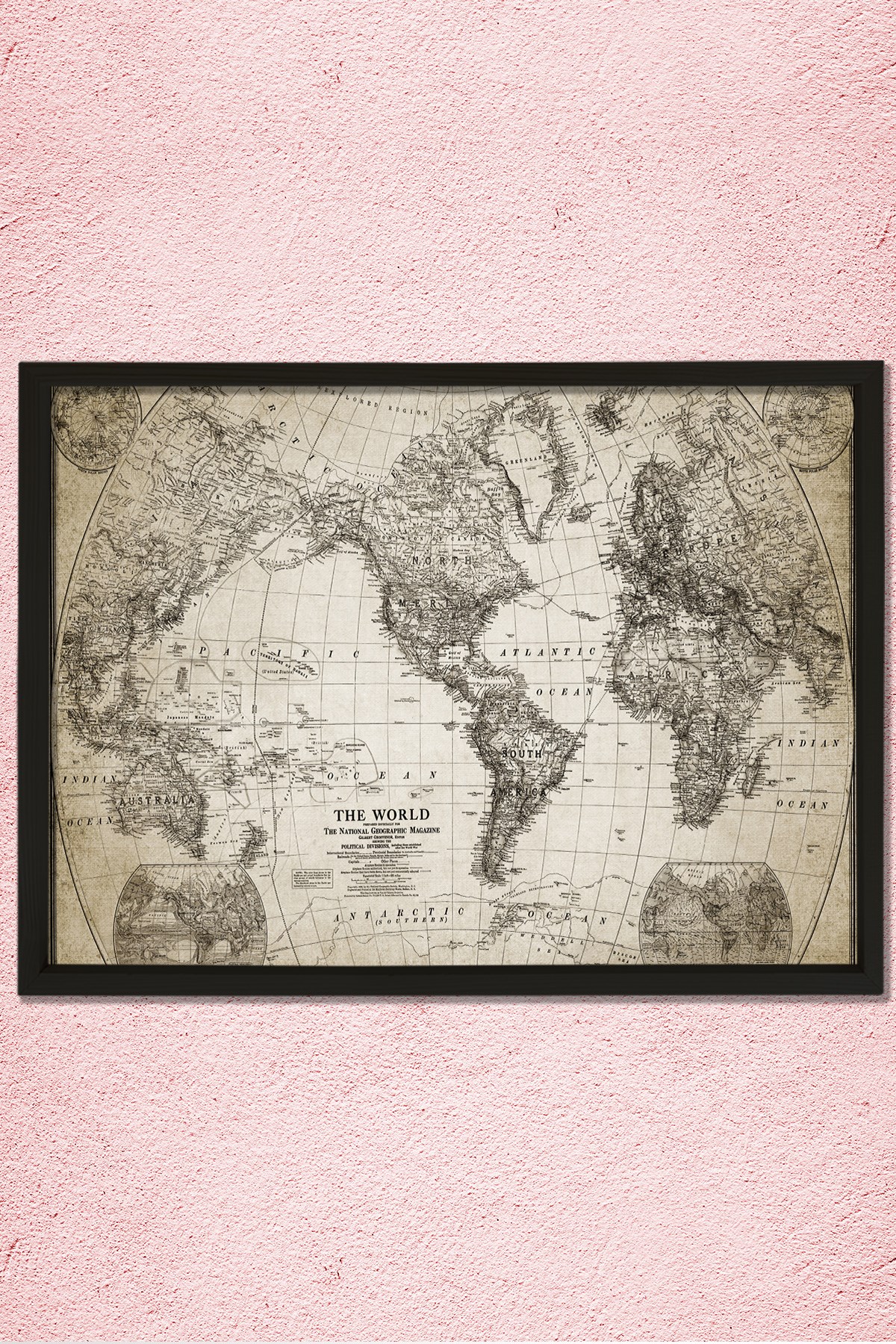 Doğal Çam Çerçeveli Duvar Tablosu Antik Dünya Haritası