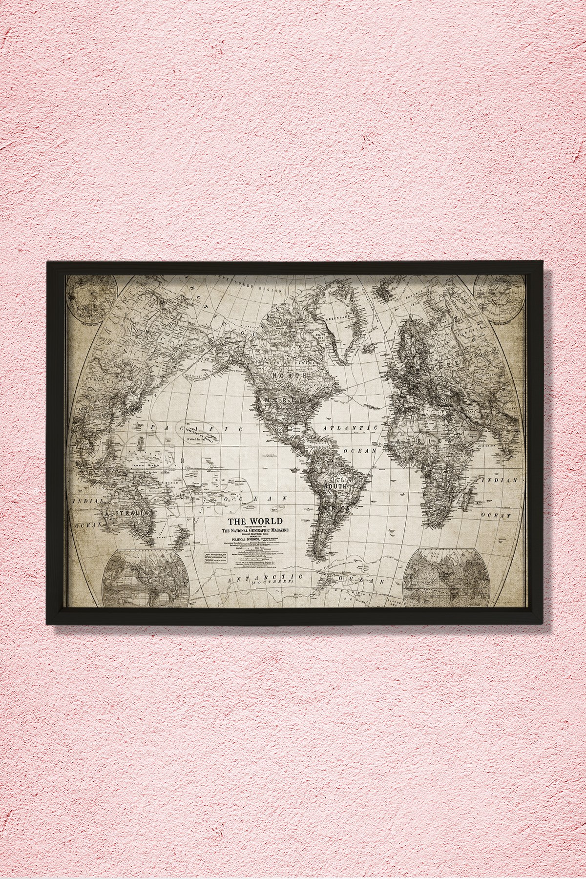 Doğal Çam Çerçeveli Duvar Tablosu Antik Dünya Haritası