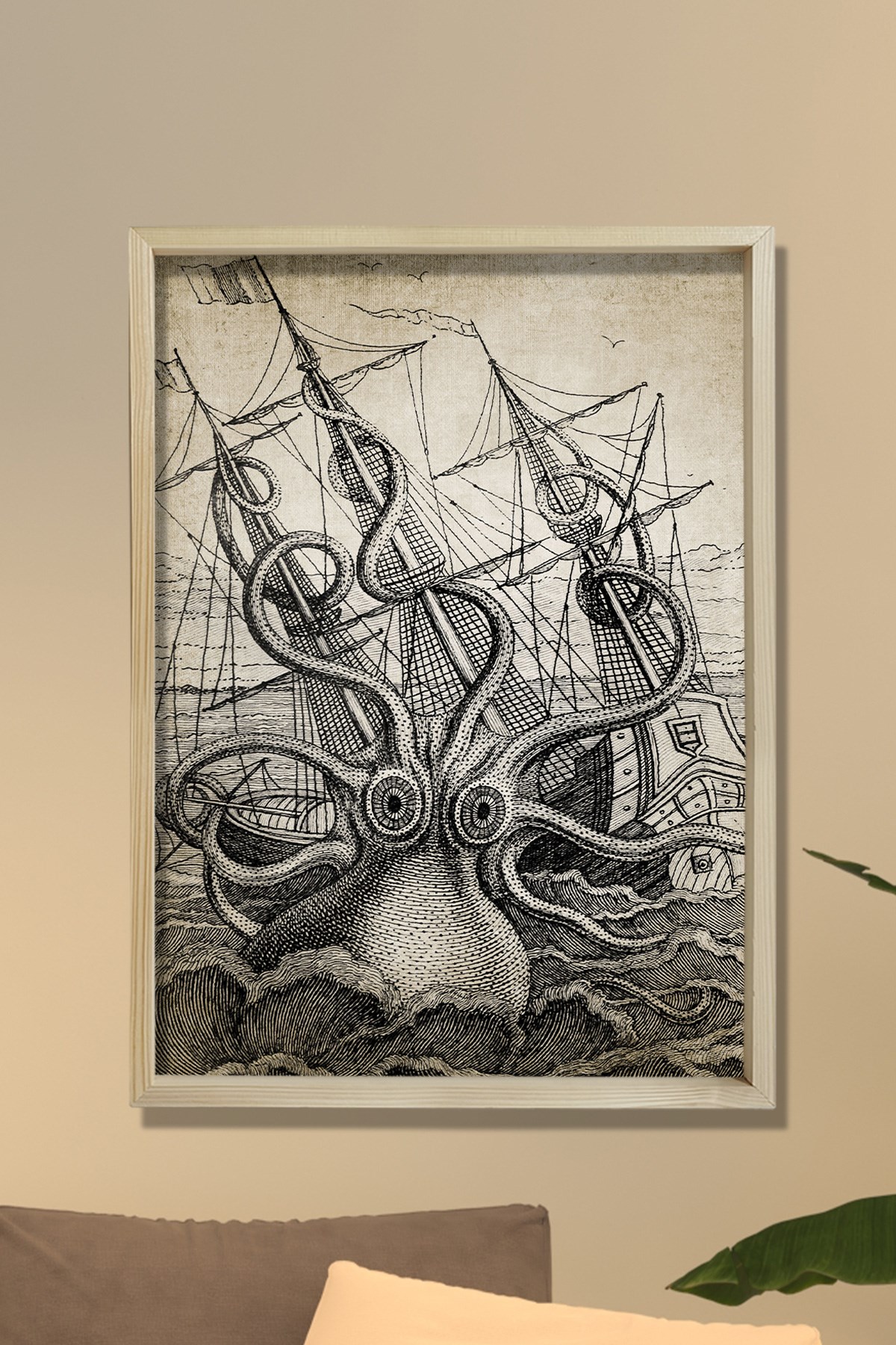 Doğal Çam Çerçeveli Duvar Tablosu Antik Kraken ve Gemi