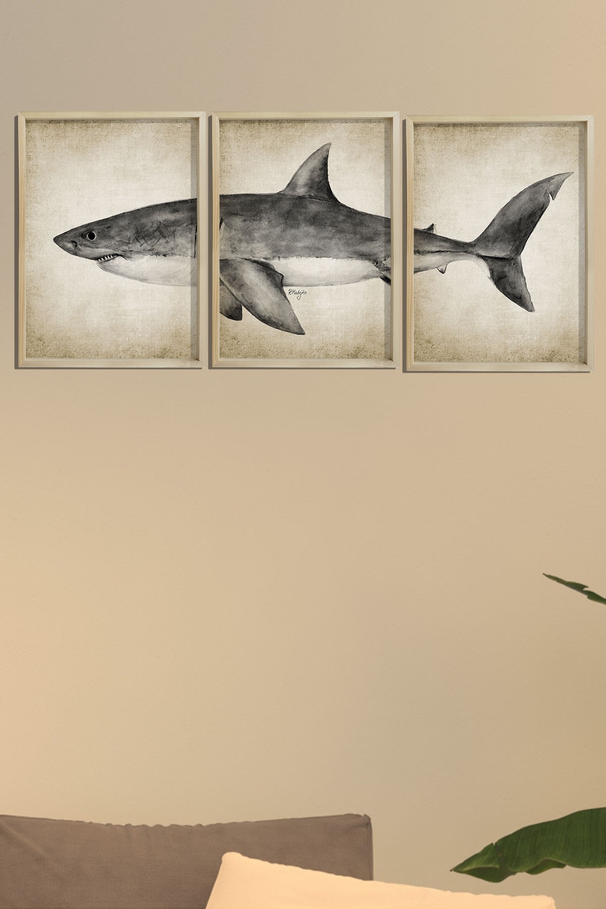 Doğal Çam Çerçeveli Duvar Tablosu Antik Büyük Beyaz Köpekbalığı