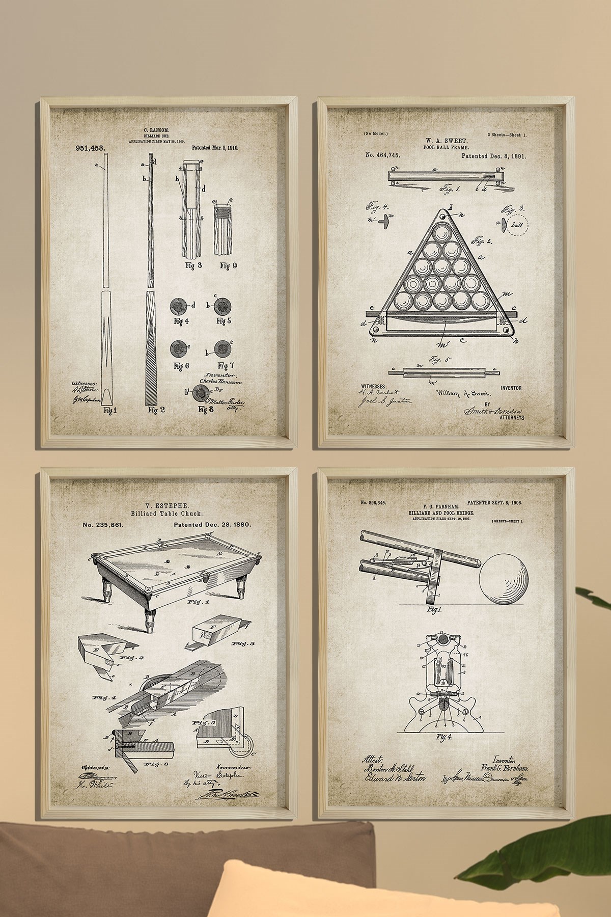 Doğal Çam Çerçeveli Duvar Tablosu Antik Bilardo Patent Seti