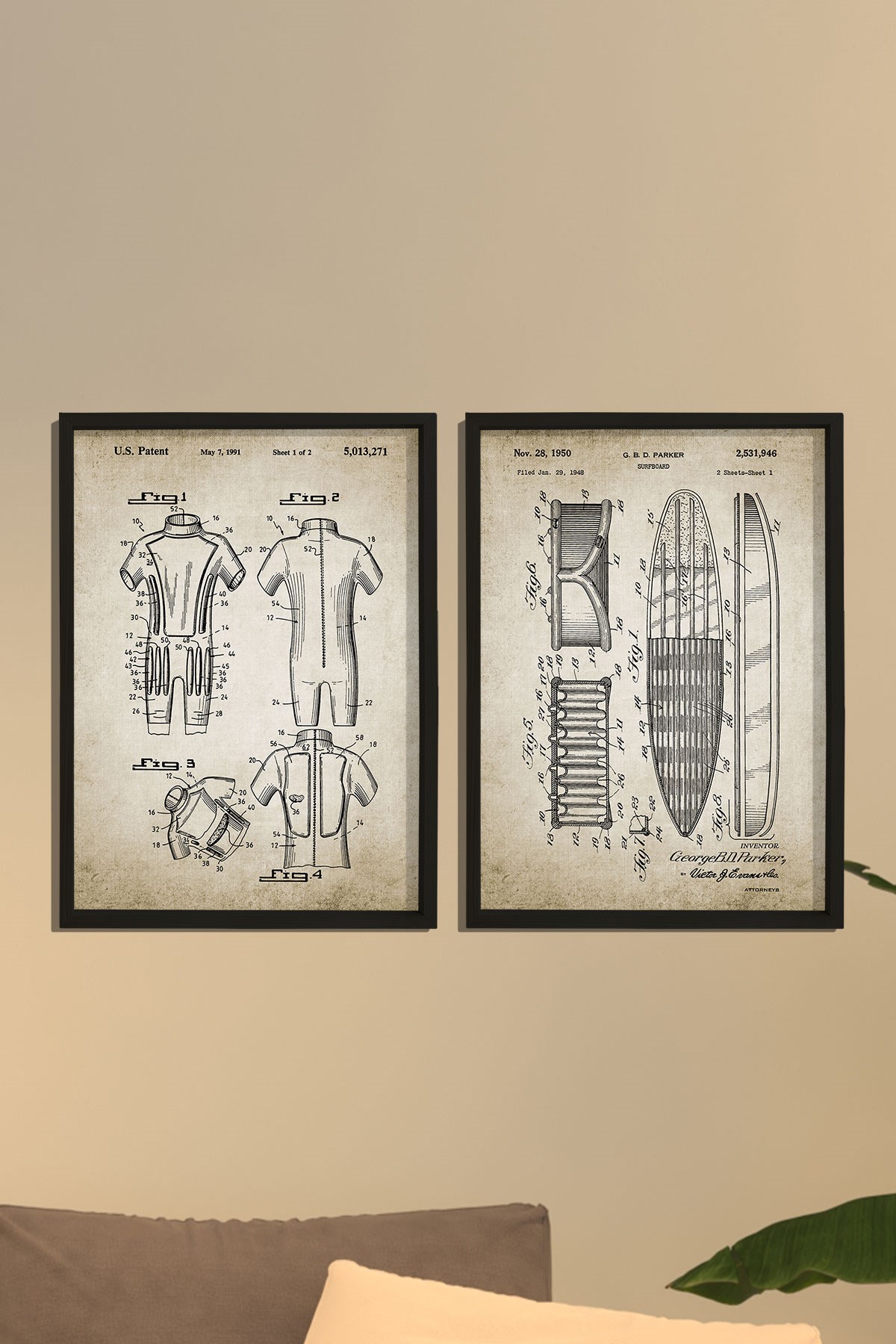 Doğal Çam Çerçeveli Duvar Tablosu Antik Surf Tahtası Tasarım Seti 1950