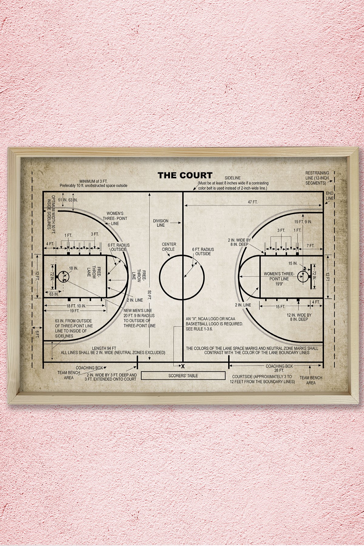 Doğal Çam Çerçeveli Duvar Tablosu Basketbol Saha Patenti