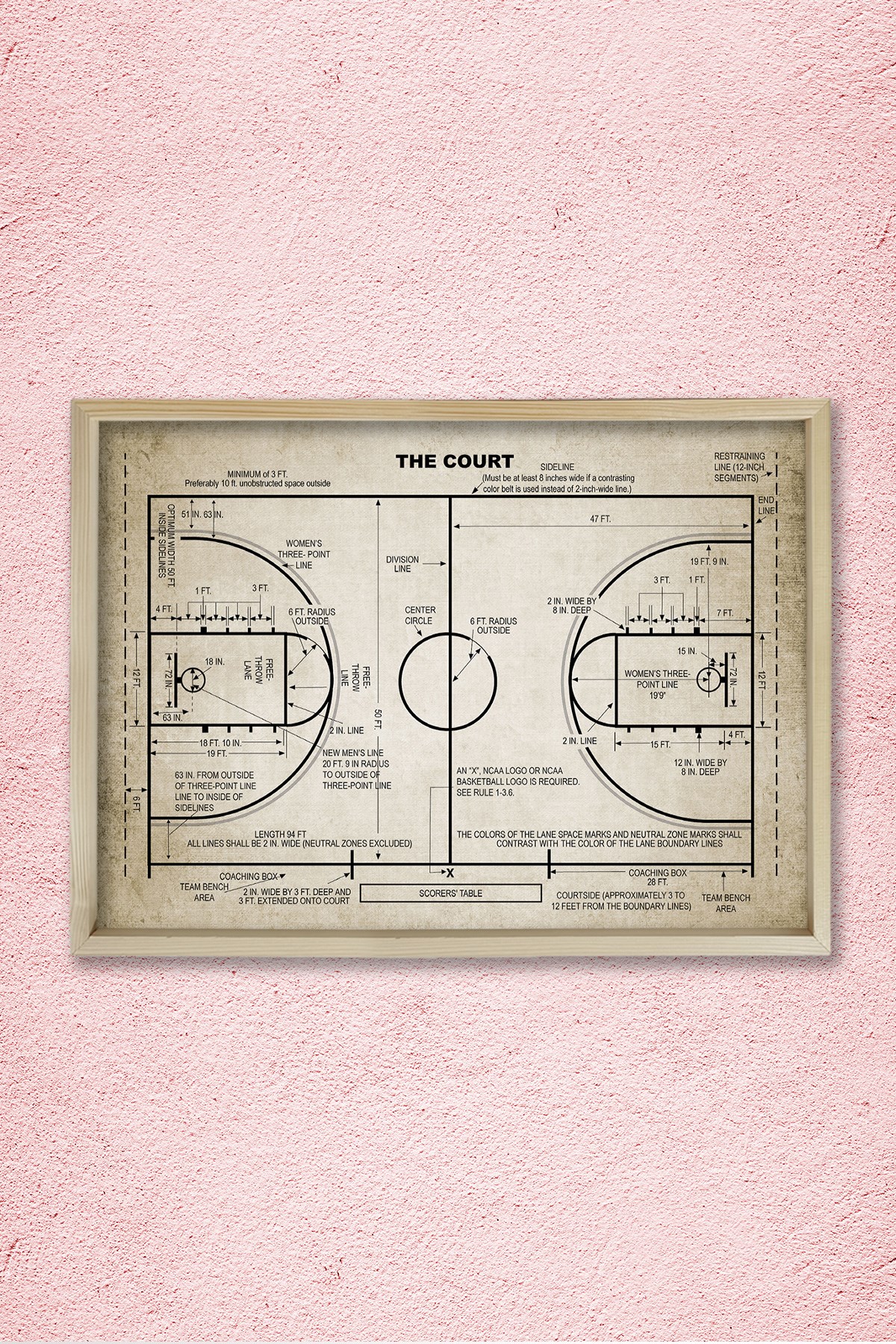 Doğal Çam Çerçeveli Duvar Tablosu Basketbol Saha Patenti