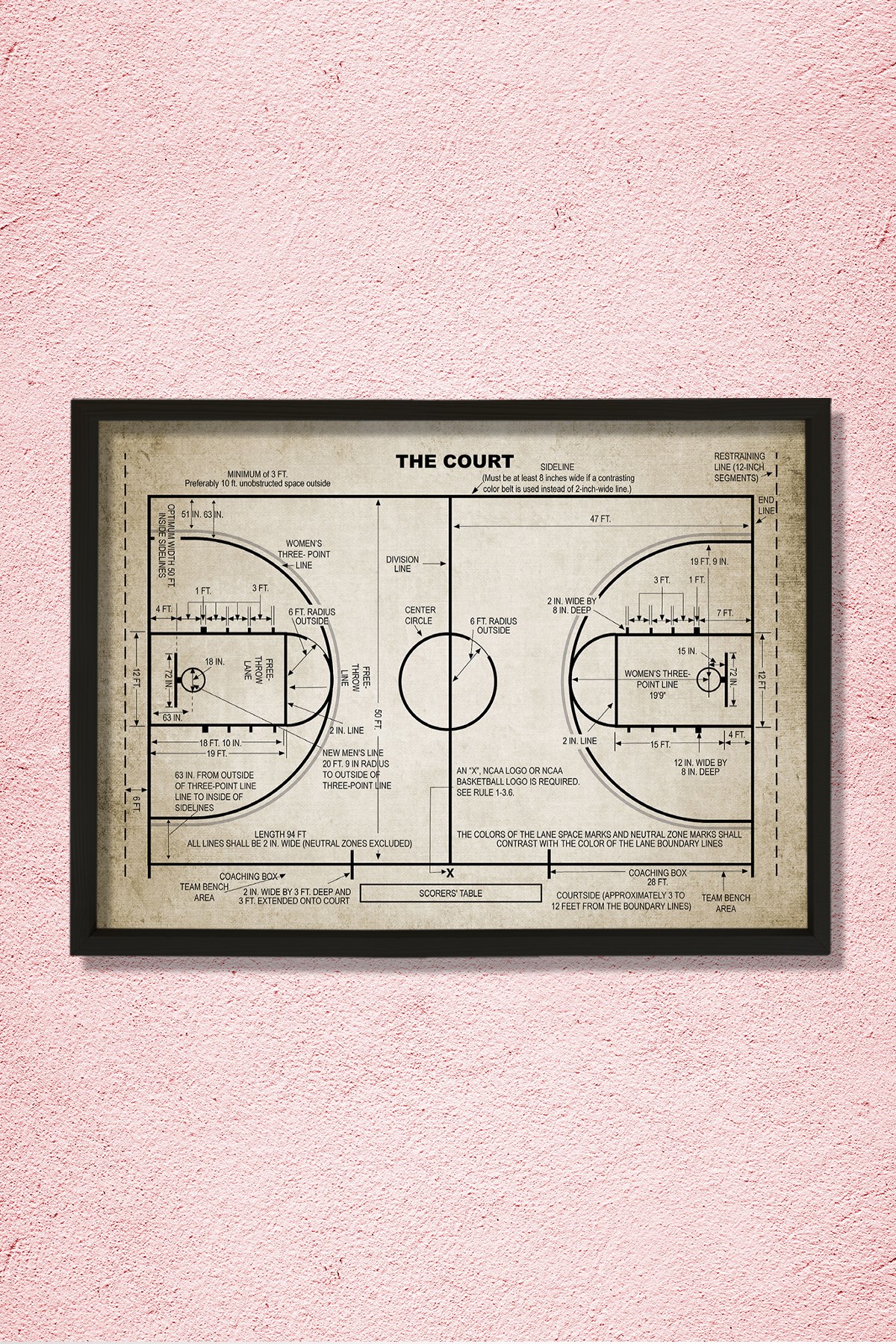 Doğal Çam Çerçeveli Duvar Tablosu Basketbol Saha Patenti