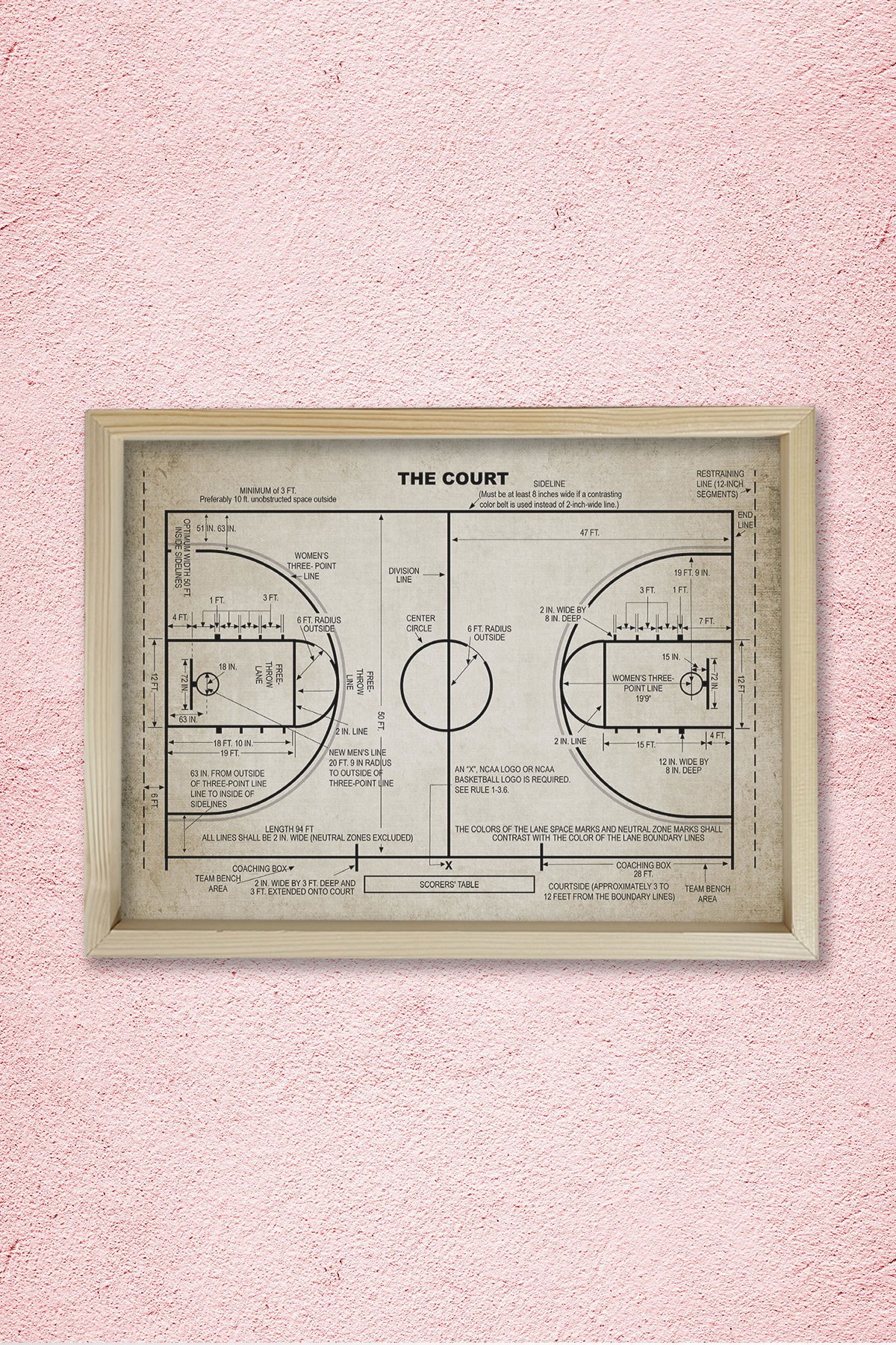 Doğal Çam Çerçeveli Duvar Tablosu Basketbol Saha Patenti