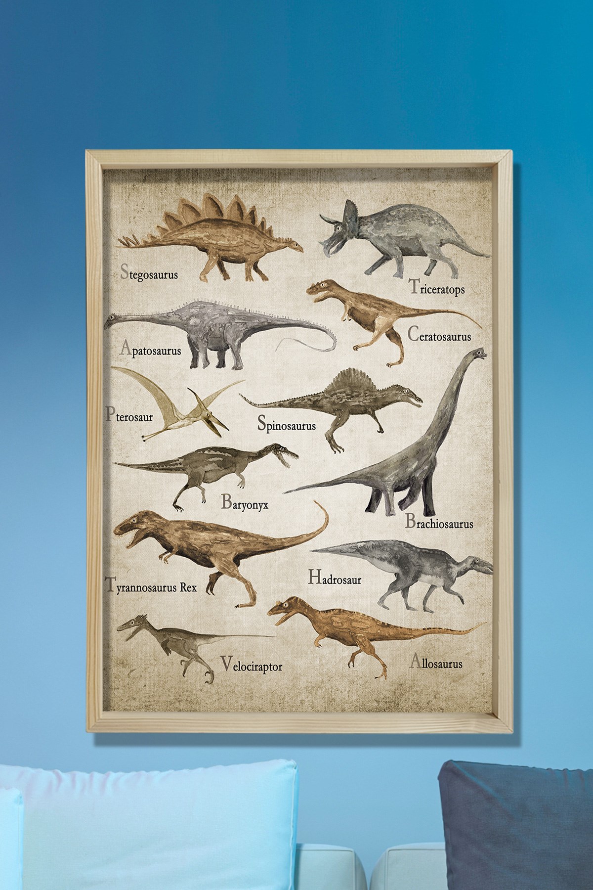 Doğal Çam Çerçeveli Duvar Tablosu Dinazorlar