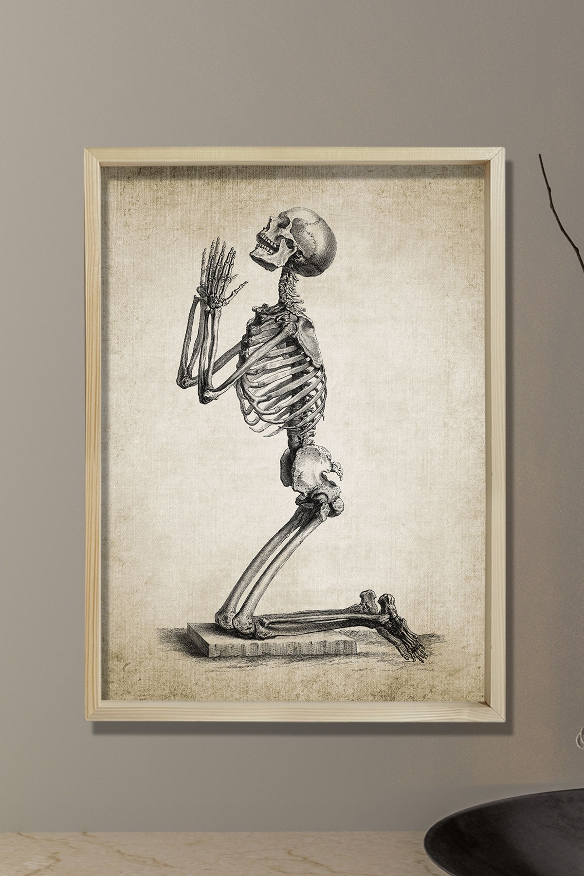 Doğal Çam Çerçeveli Duvar Tablosu Dua Eden İskelet