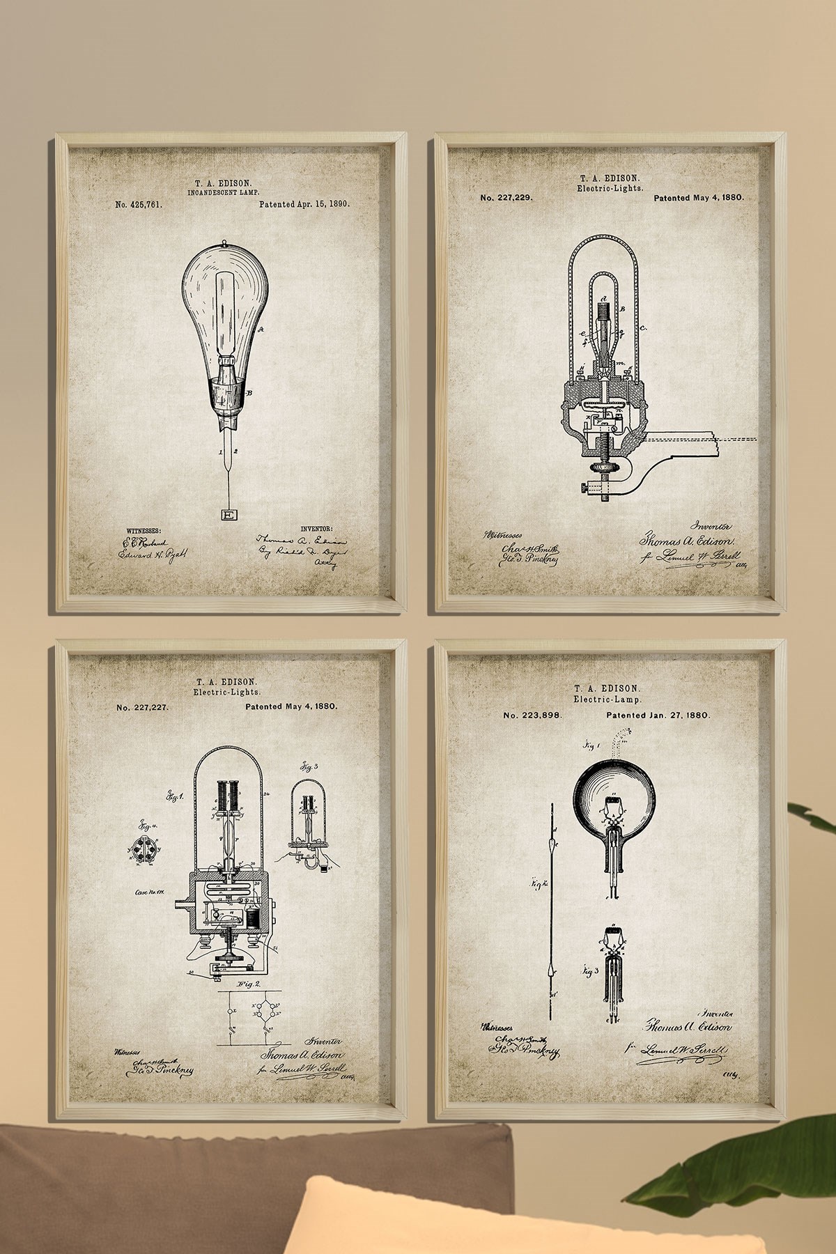 Doğal Çam Çerçeveli Duvar Tablosu Edison 1880 Yılı Ampul Patent Seti