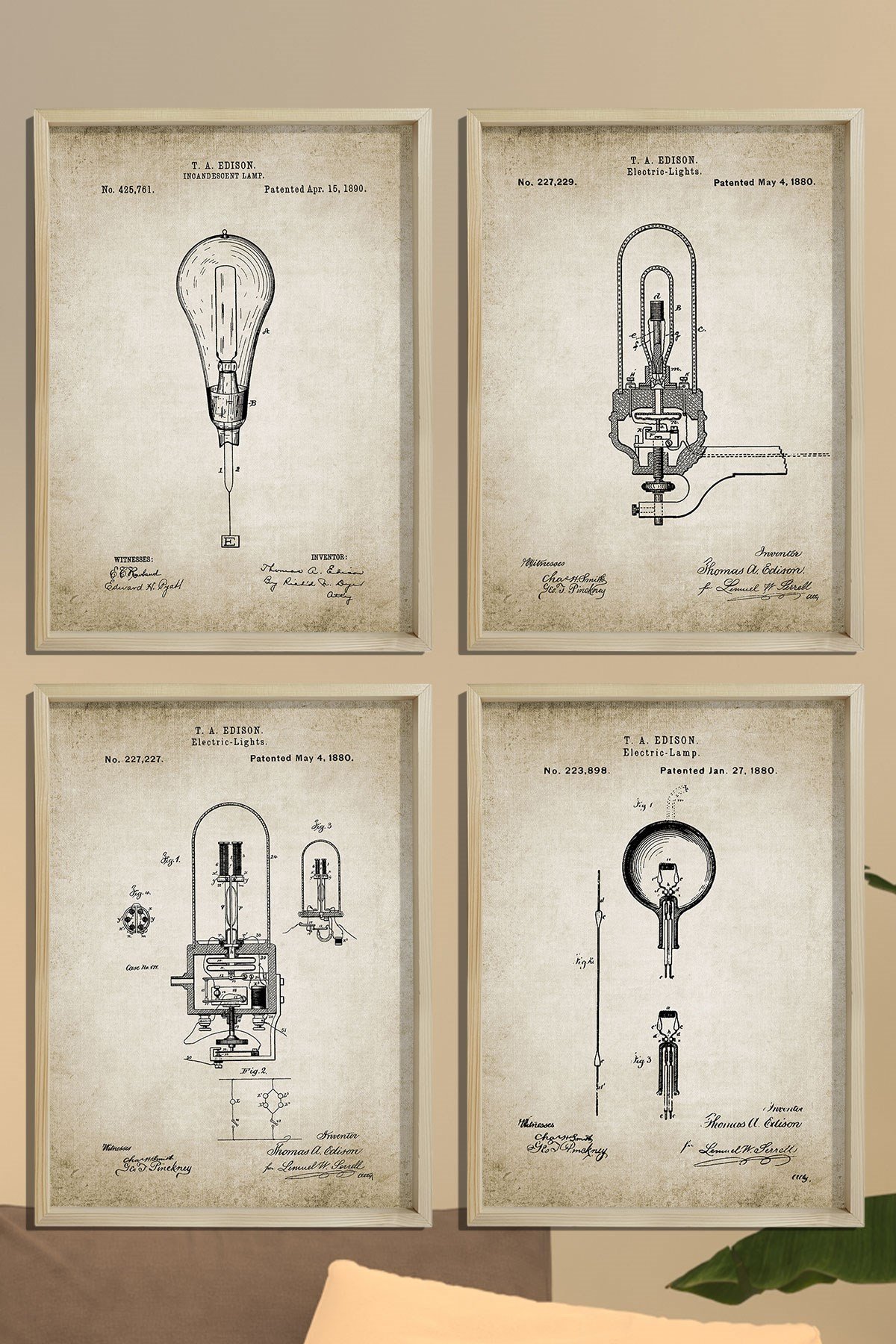 Doğal Çam Çerçeveli Duvar Tablosu Edison 1880 Yılı Ampul Patent Seti