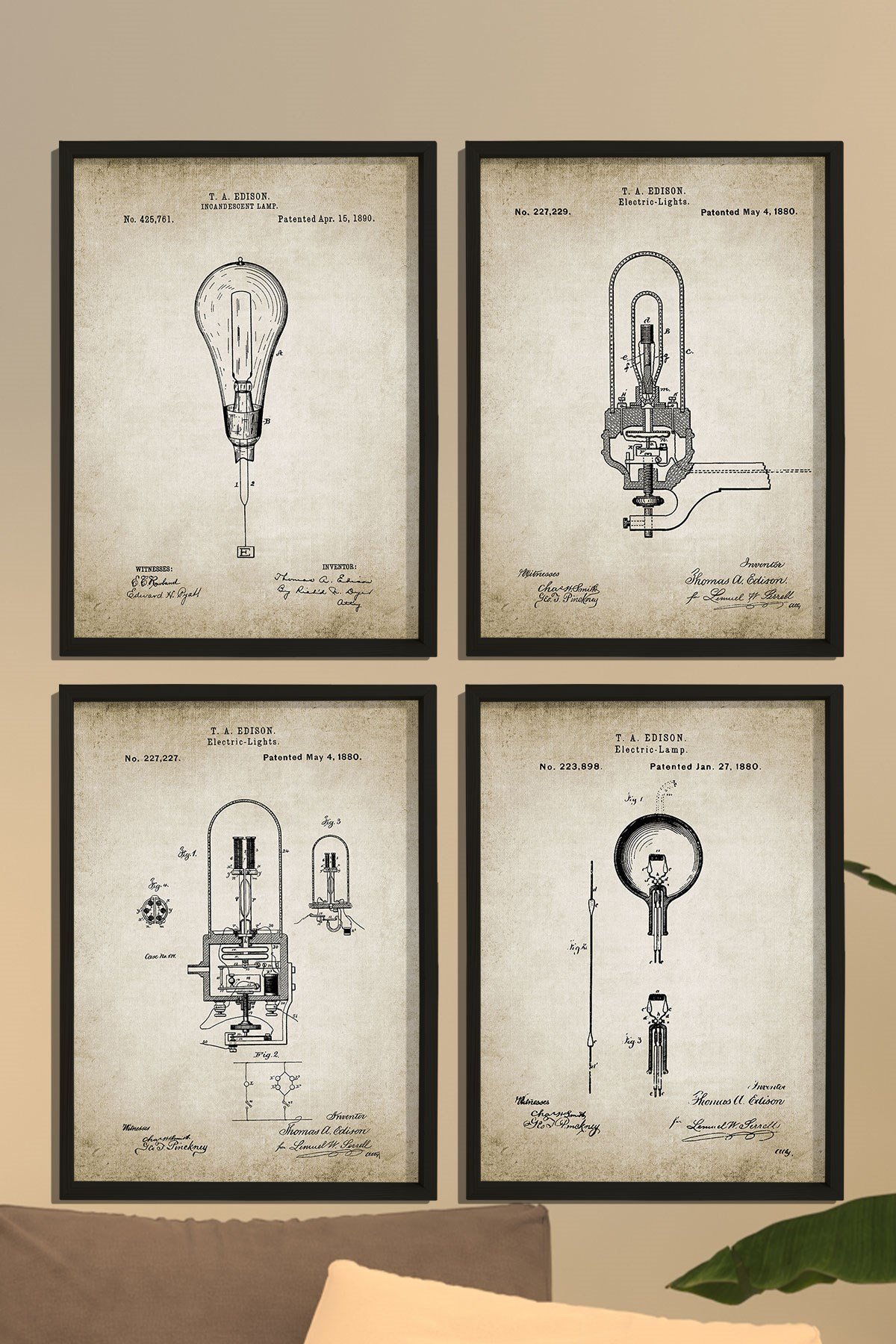 Doğal Çam Çerçeveli Duvar Tablosu Edison 1880 Yılı Ampul Patent Seti