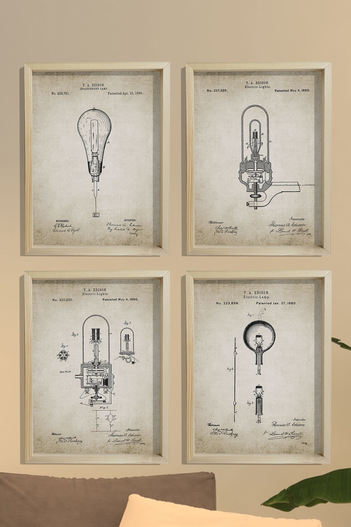 Doğal Çam Çerçeveli Duvar Tablosu Edison 1880 Yılı Ampul Patent Seti