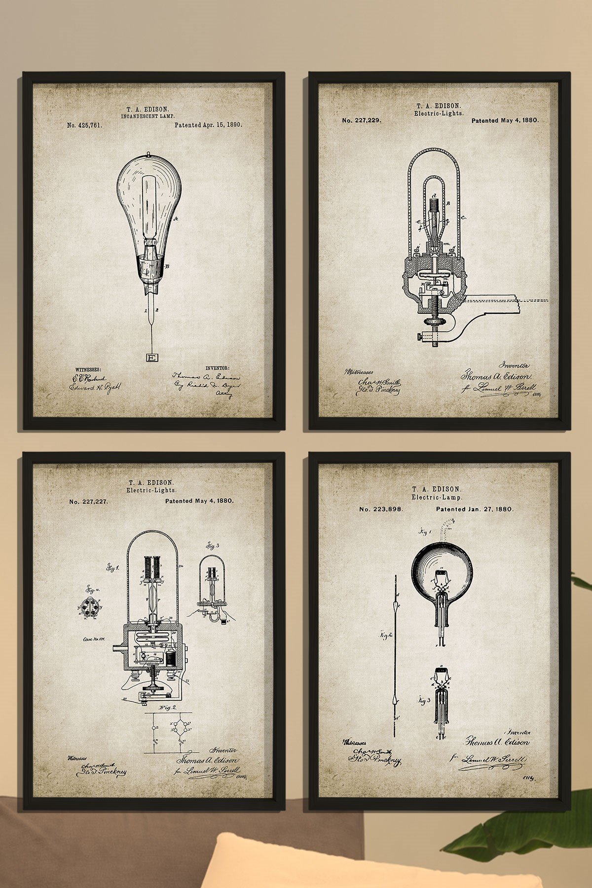 Doğal Çam Çerçeveli Duvar Tablosu Edison 1880 Yılı Ampul Patent Seti