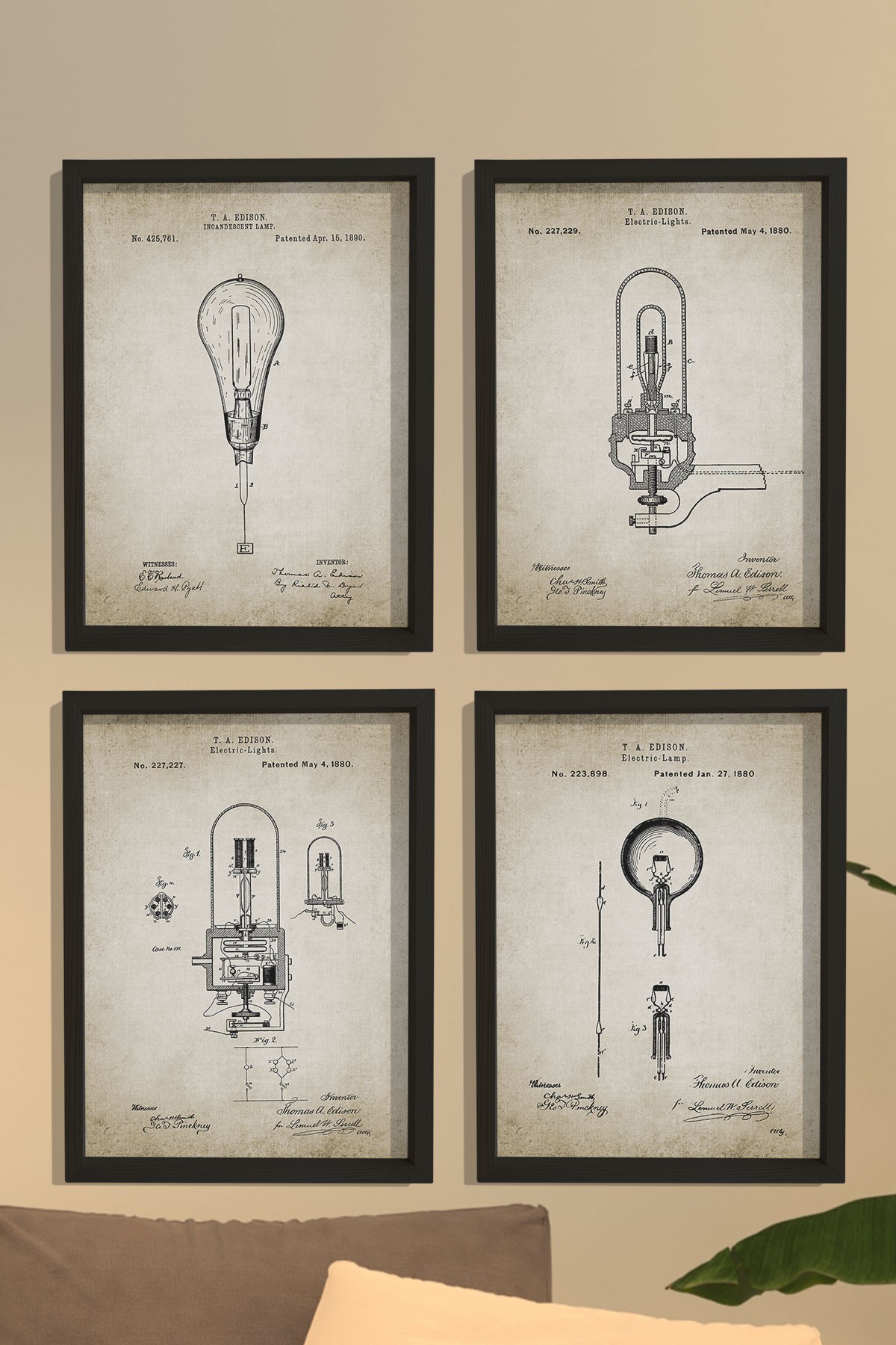 Doğal Çam Çerçeveli Duvar Tablosu Edison 1880 Yılı Ampul Patent Seti