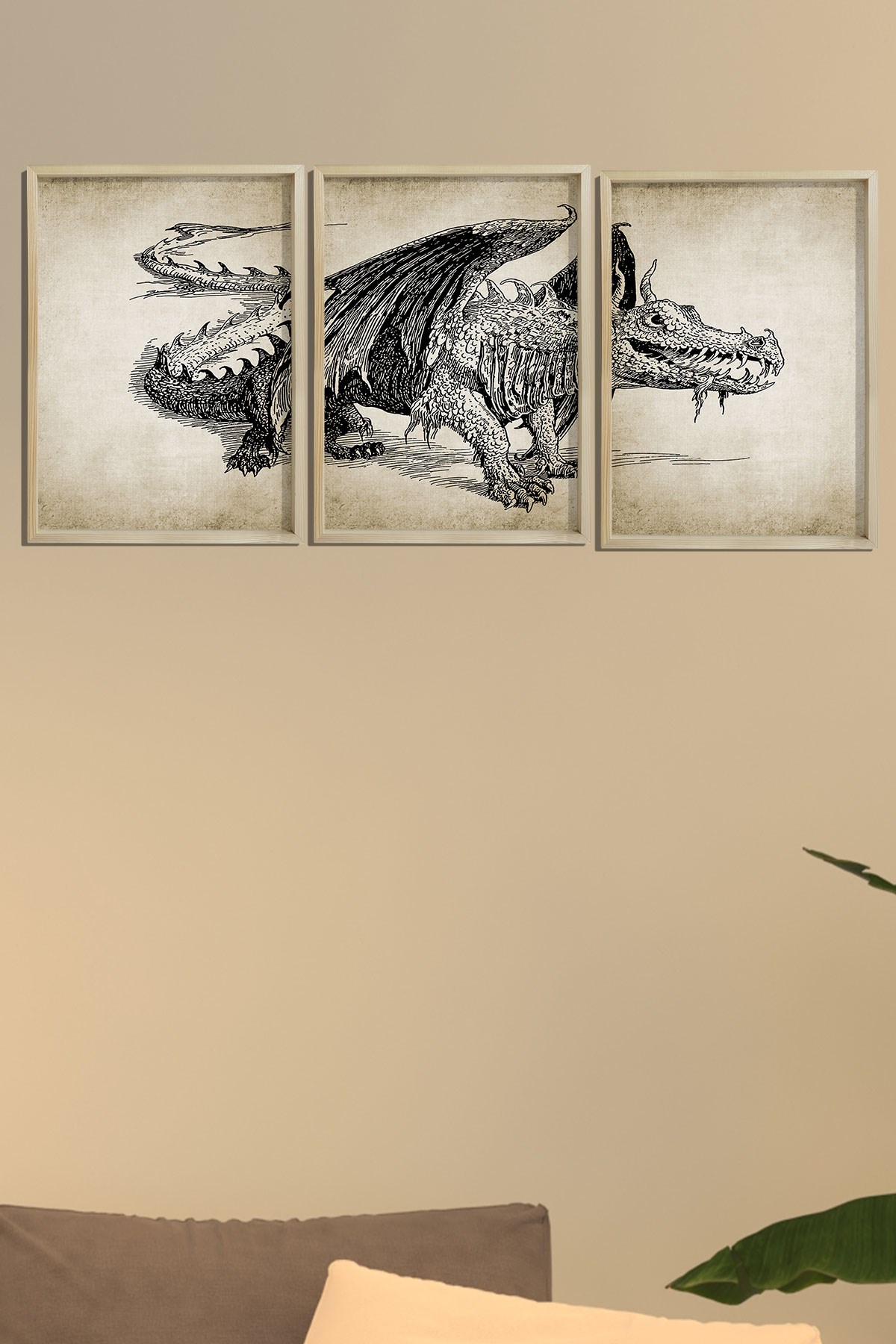 Doğal Çam Çerçeveli Duvar Tablosu Ejderha Duvar Sanatı 3'lü Tablo Seti