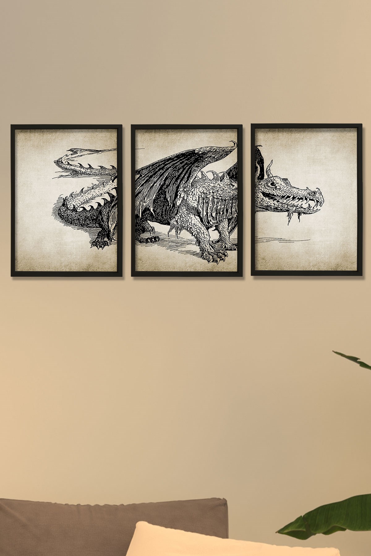 Doğal Çam Çerçeveli Duvar Tablosu Ejderha Duvar Sanatı 3'lü Tablo Seti