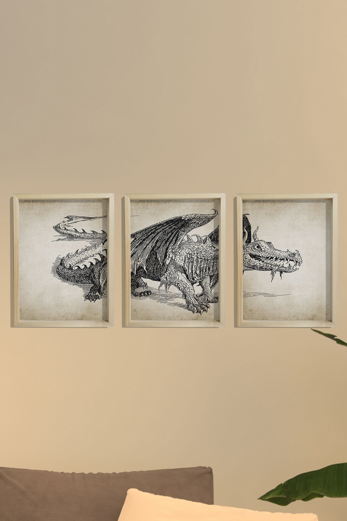 Doğal Çam Çerçeveli Duvar Tablosu Ejderha Duvar Sanatı 3'lü Tablo Seti