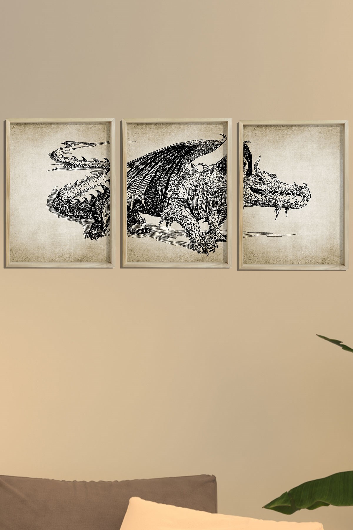 Doğal Çam Çerçeveli Duvar Tablosu Ejderha Duvar Sanatı 3'lü Tablo Seti