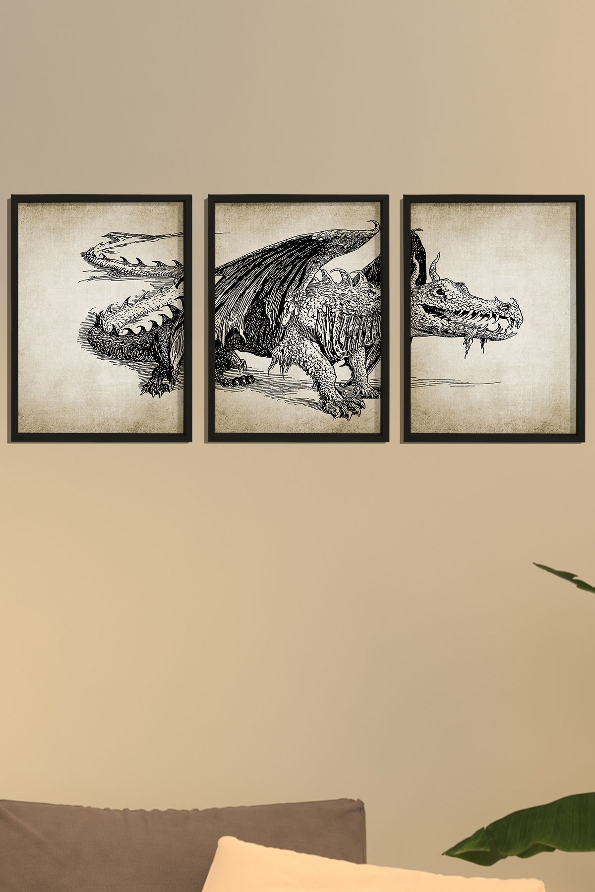 Doğal Çam Çerçeveli Duvar Tablosu Ejderha Duvar Sanatı 3'lü Tablo Seti