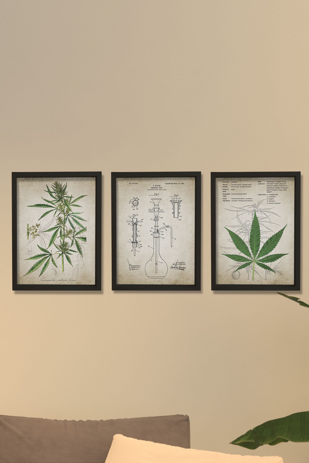 Doğal Çam Çerçeveli Duvar Tablosu Kenevir Bitki Pipo Patenti