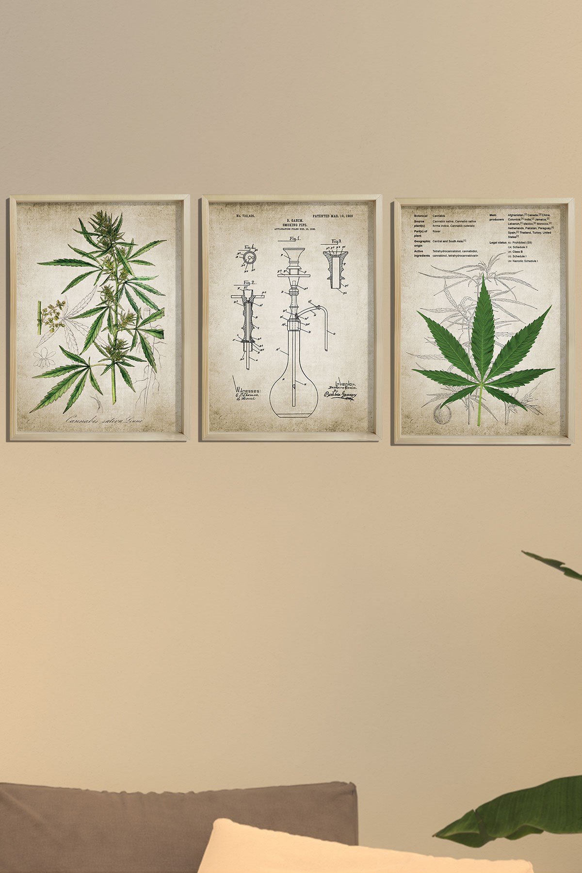 Doğal Çam Çerçeveli Duvar Tablosu Kenevir Bitki Pipo Patenti