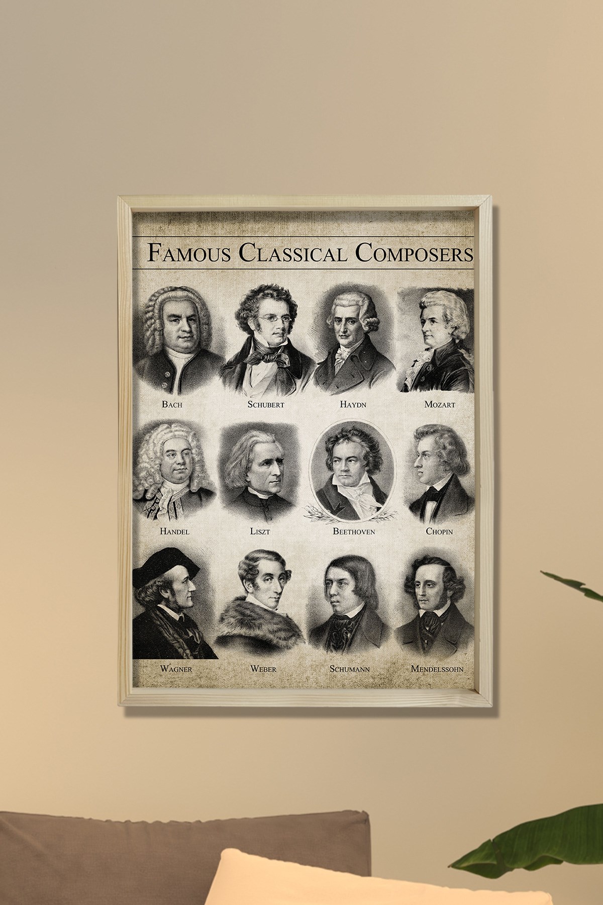 Doğal Çam Çerçeveli Duvar Tablosu Klasik Müzik Bestecileri