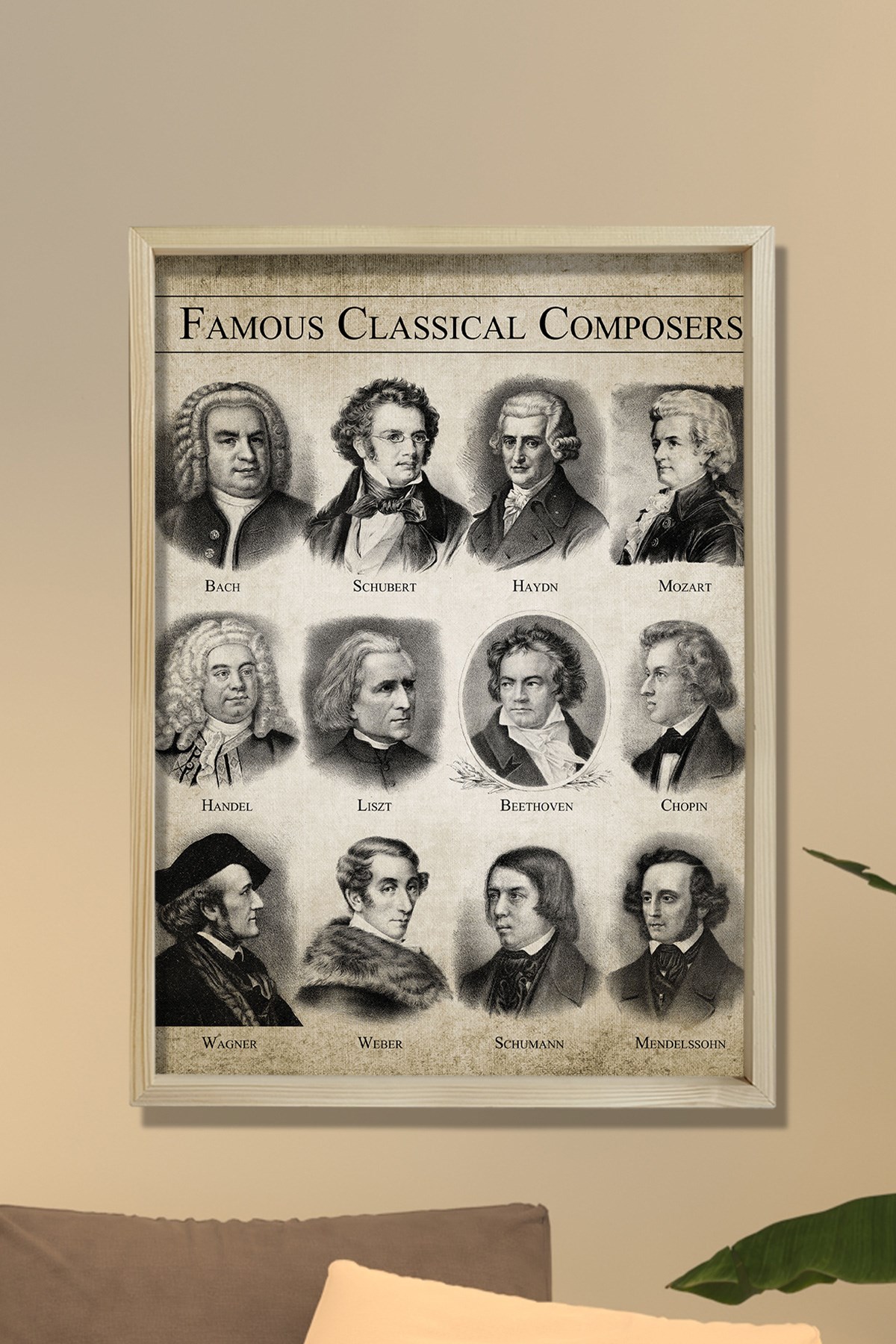 Doğal Çam Çerçeveli Duvar Tablosu Klasik Müzik Bestecileri