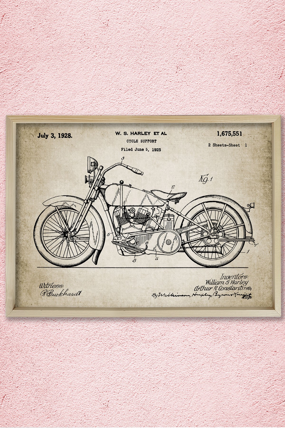 Doğal Çam Çerçeveli Duvar Tablosu Klasik Amerikan Motosiklet Patenti 1928