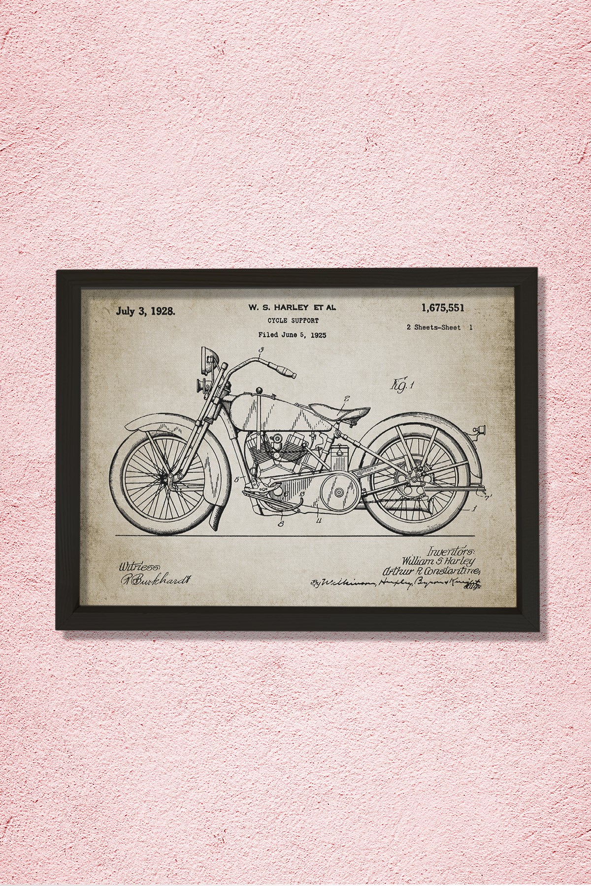 Doğal Çam Çerçeveli Duvar Tablosu Klasik Amerikan Motosiklet Patenti 1928